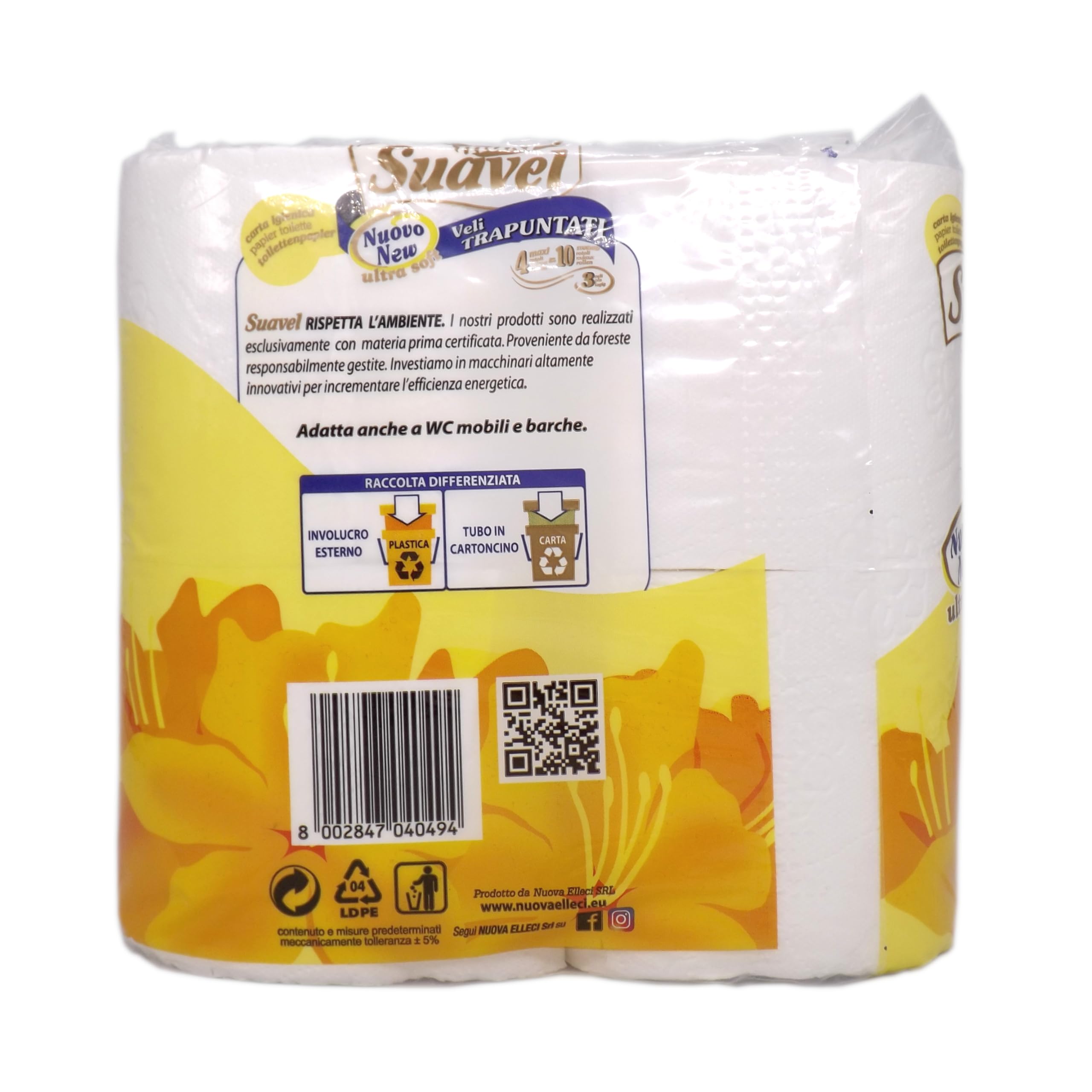 Carta Igienica 3 veli 40 Rotoli (10 Pacchi x 4 Rotoli) Ultra Morbida Trapuntata, Non Profumata, Pura Cellulosa, Confezione Risparmio Formato Maxi, 200 strappi per rotolo