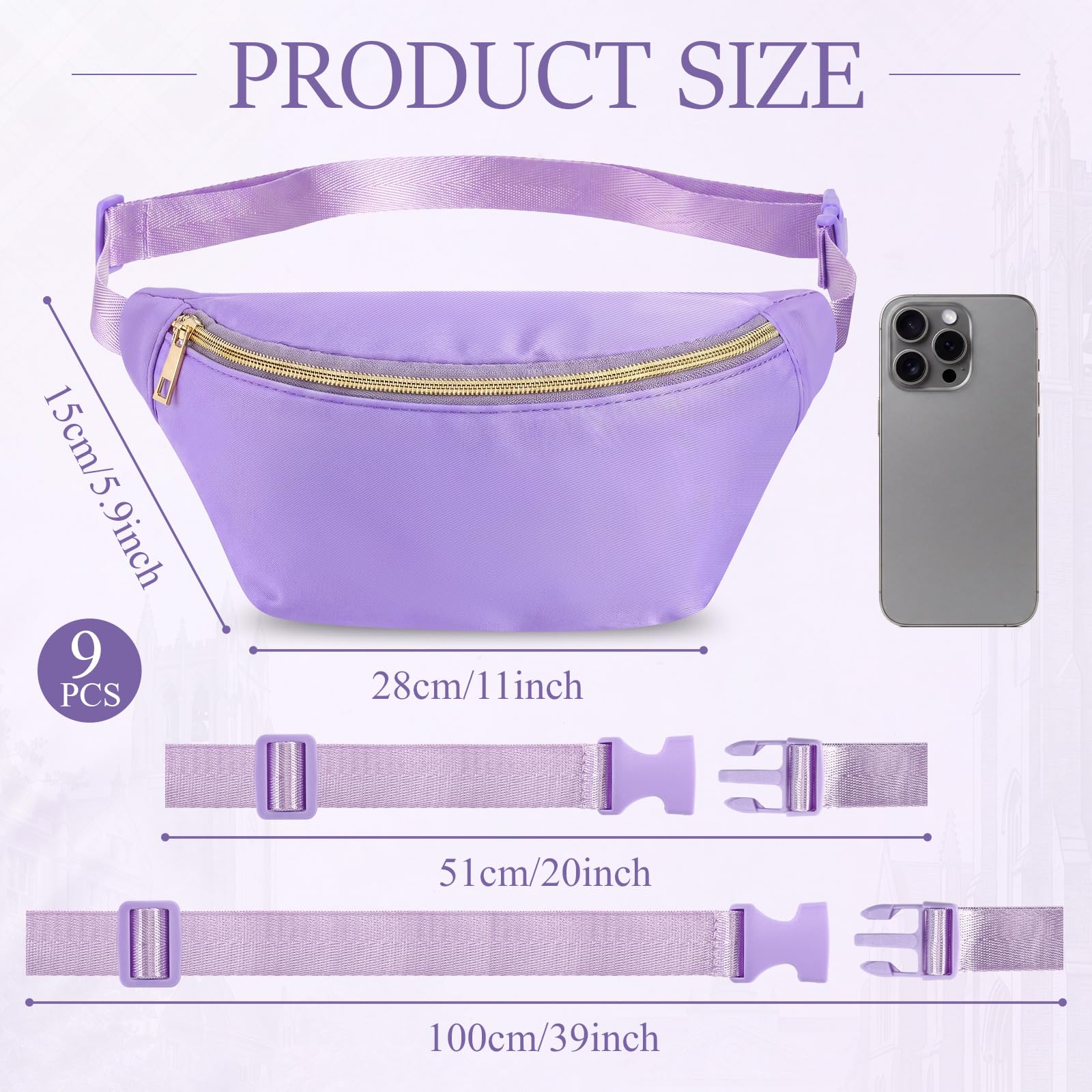 Amylove 9 Stück Bauchtaschen Nylon Hüfttasche Reißverschluss Reise Lauftasche mit verstellbarem Gurt für Damen und Herren, Violett, Hüfttasche