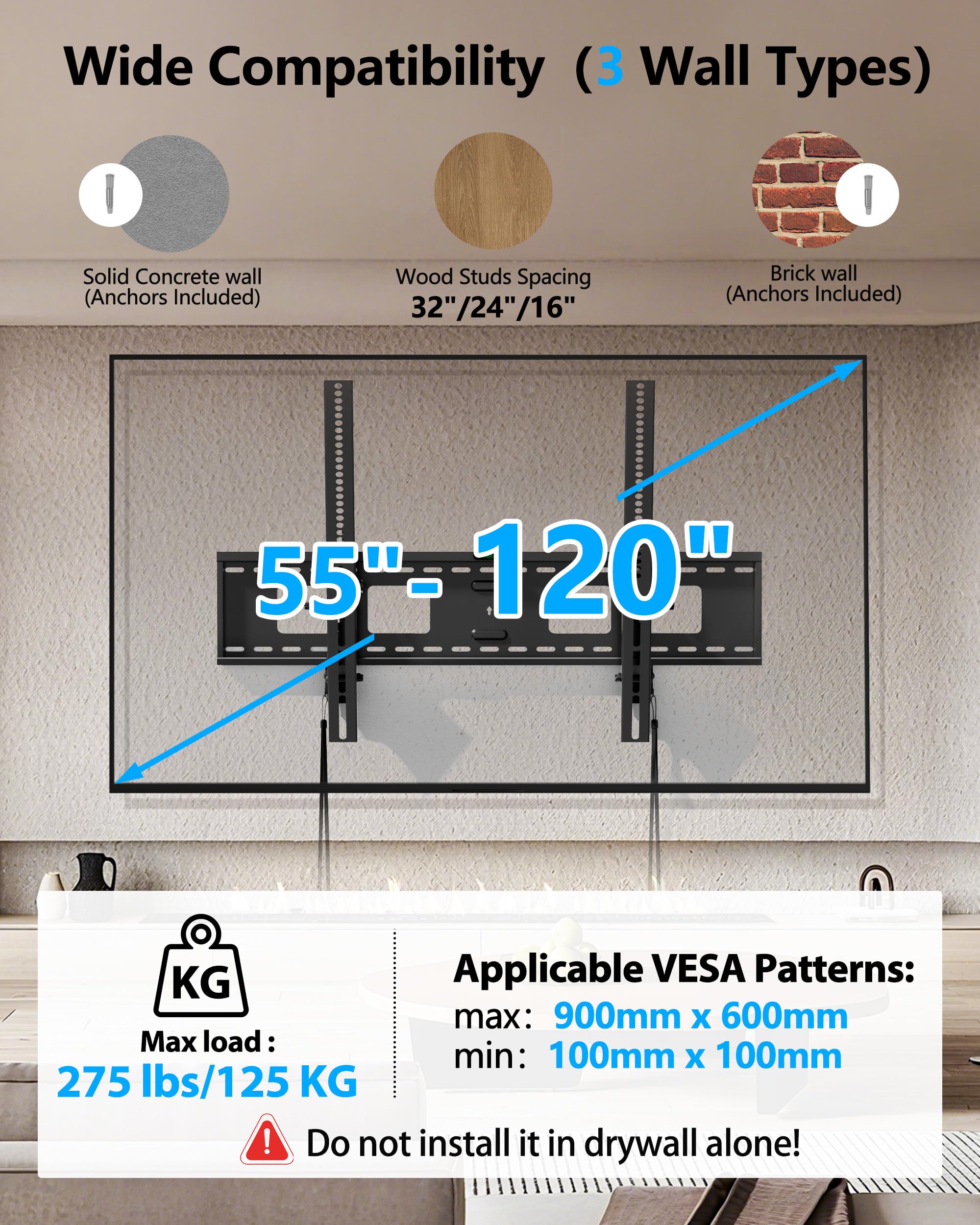 Soporte TV de Pared Articulado Inclinable para Pantallas de 55-120 Pulgadas Plana & Curva LED LCD, Resistencia XXL Soporte Pared TV hasta 125 kg, Máx VESA 900x600 mm | WHYFONE Soporte de TV ultra delgado máx. VESA 900 x 600 mm, nivel de burbuja y bridas i