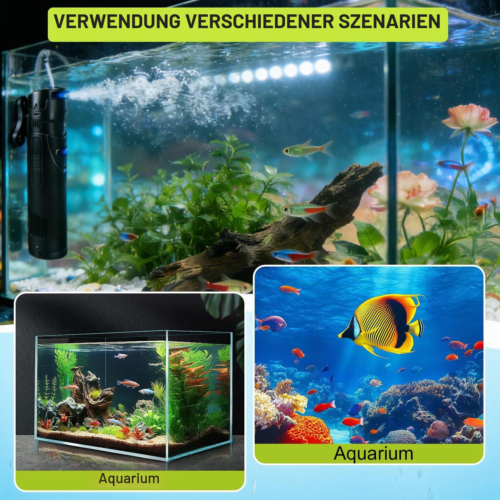 EXLECO 4 in 1 Aquarium 700L/H 18W Filter mit 7W UV Lampe UVC Klärer | Inennfilter, Aquariumfilter für Tank 150-300L, Aquarien Filterpumpe Skimmer Schwammfilter für Aquarien Filtermaterial
