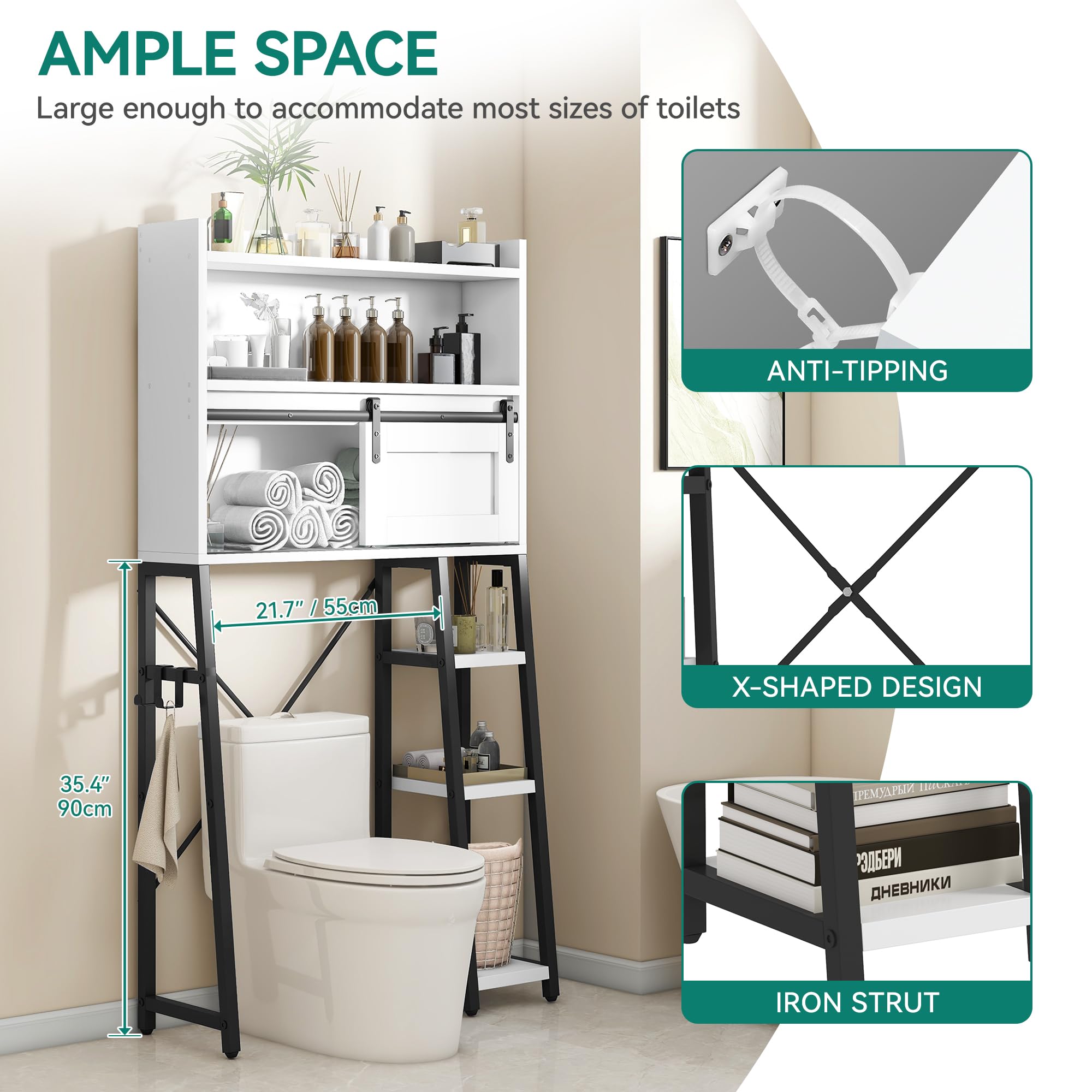 Scaffale Da Bagno Sopra WC YITAHOME | Mobile Salvaspazio Con Ante Scorrevoli | Porta Carta Igienica - Foto 2