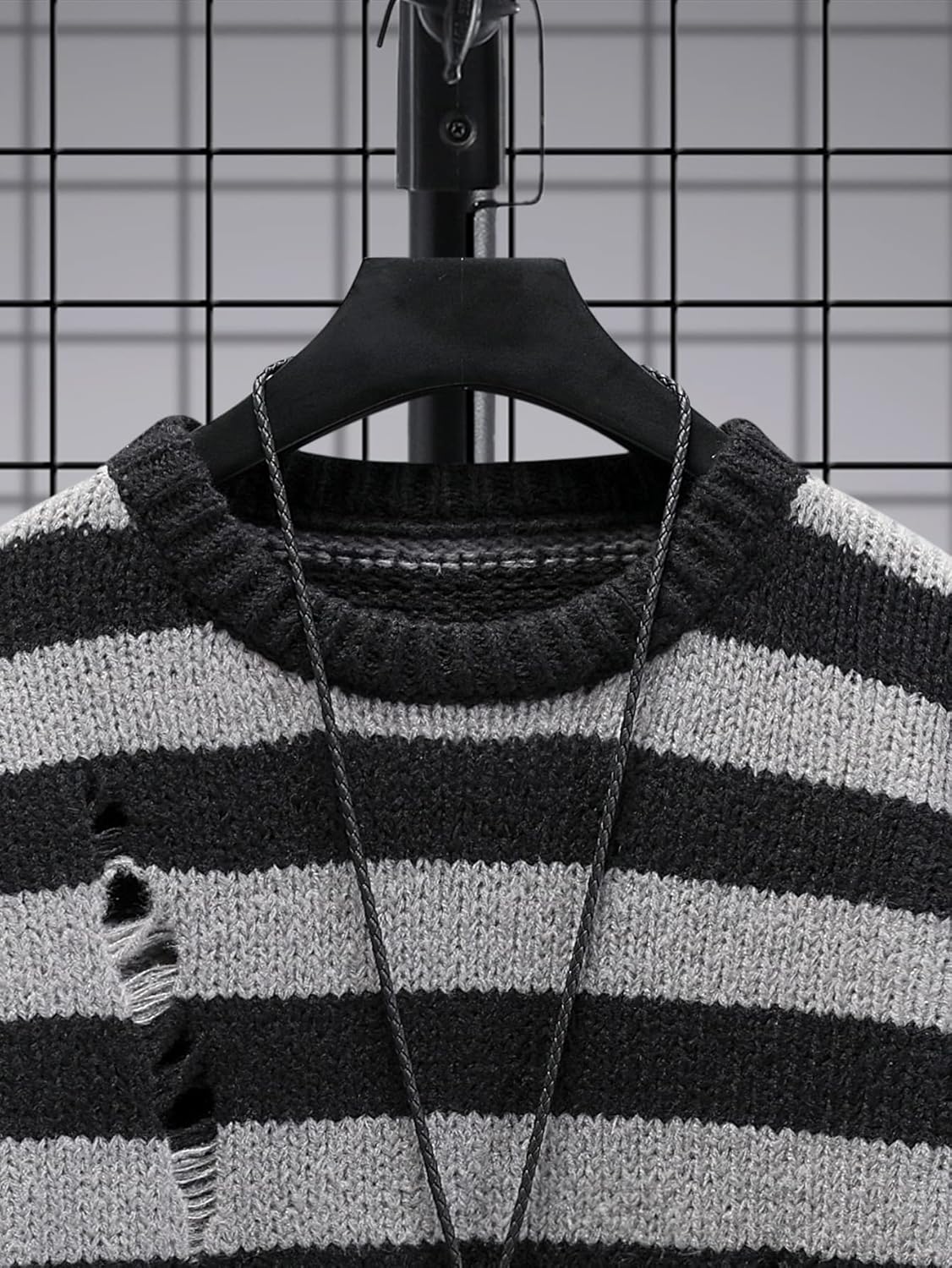 SHENHE Men's Striped Pattern Knit Pullover Ripped Drop Shoulder Sweater - Image 3