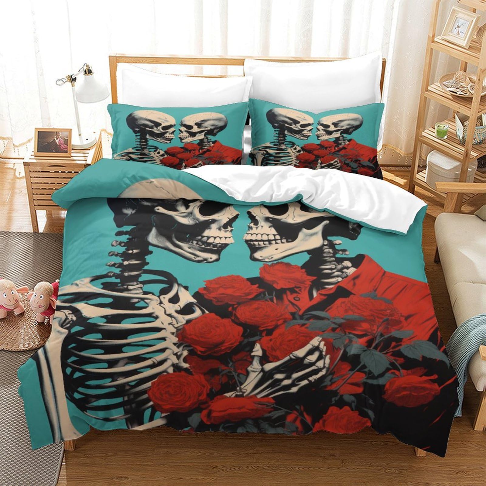 P1S9U7W5Y Artistic Romantic 3D Printed Skeleton Couple Duvet Cover Set 3pcs Microfiber Rose Bedding Set King
