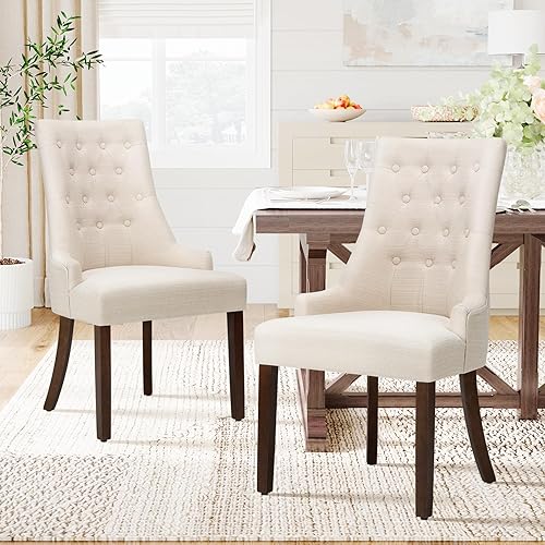 COLAMY Dining Chairs Set of 2 with Tufted Button, Upholstered Dining Room Chair with Wood Legs, Wingback Kitchen Chairs for Dining Room/Restaurant/Cafe, Beige