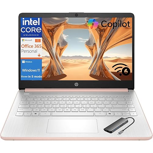 HP Laptop Computer, 8GB RAM, 256GB Storage (128GB UFS + 128GB Hub Docking Set), 1-Year Office365, 14 inch LED, Intel Quard Core Processor, WiFi 6, BT 5.4, Windows 11 Home S for Student, Pink Gold