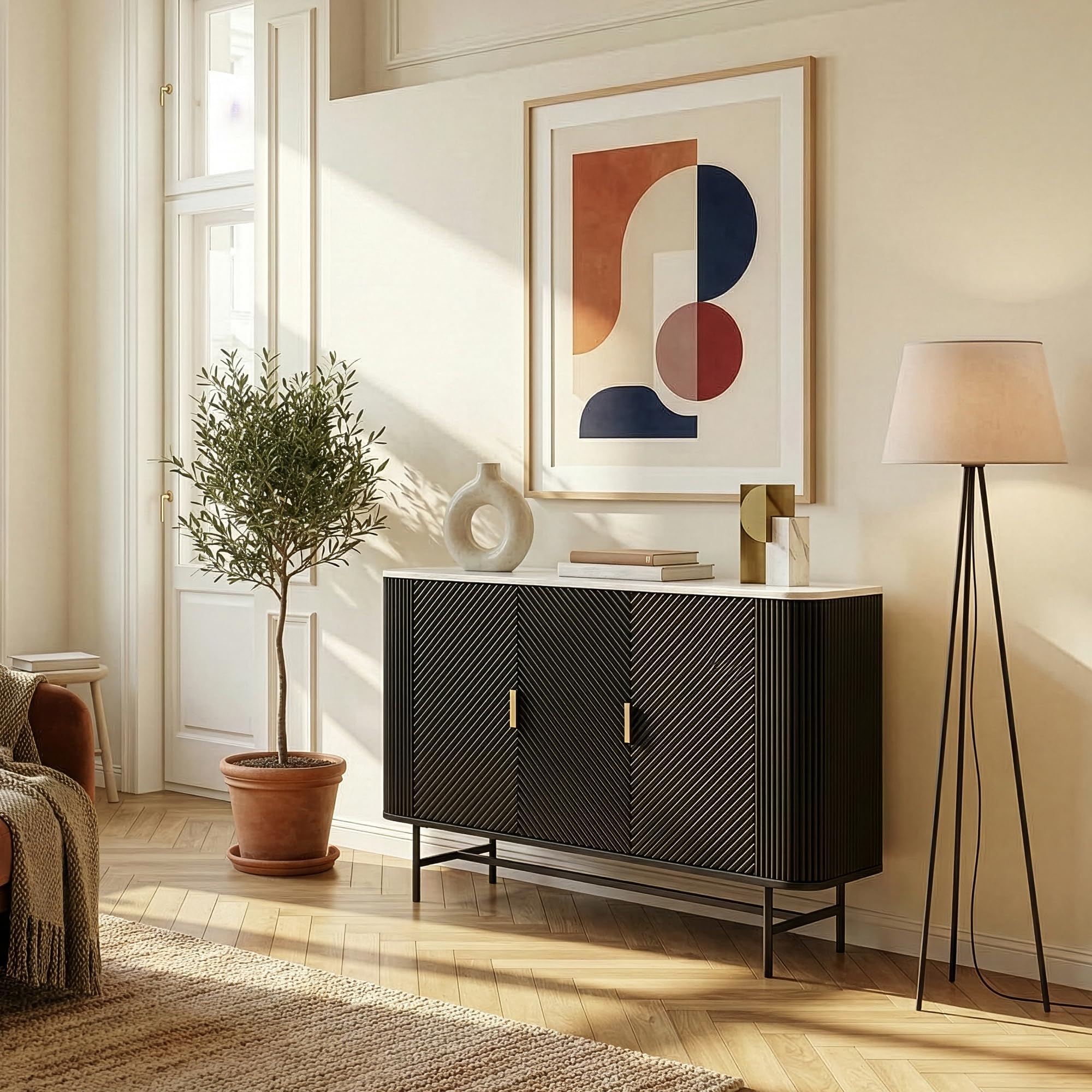 [en.casa] Mobile Contenitore a 3 Ante Credenza con 4 Scomparti e Pannelli Decorativi Madia Buffet con Ripiani per Soggiorno Sala da Pranzo Ingresso 110 x 40 x 77 cm - Nero/Effetto Marmo Bianco