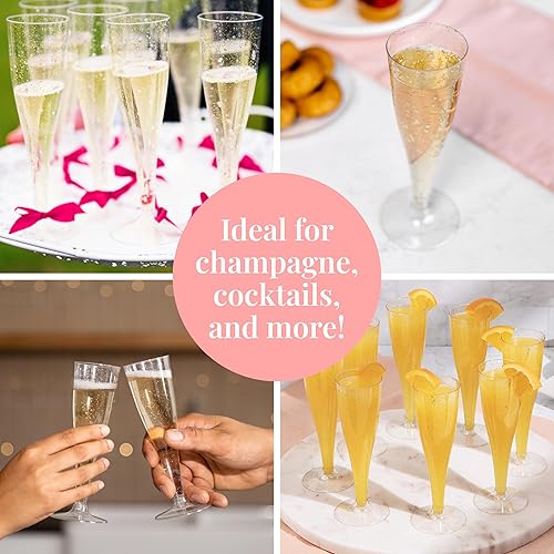 Vista 97 de Prestee Paquete de 48 copas de champán desechables de plástico, copas de flauta con purpurina dorada para champán, barra de mimosa, suministros