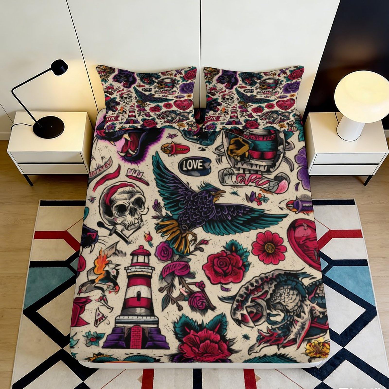 3D Printed Tattoo Skull Fitted Sheet Microfiber Soft Decor Eagle Rose Mattress Cover for Bedroom Guest Room Protection 90x200x25cm