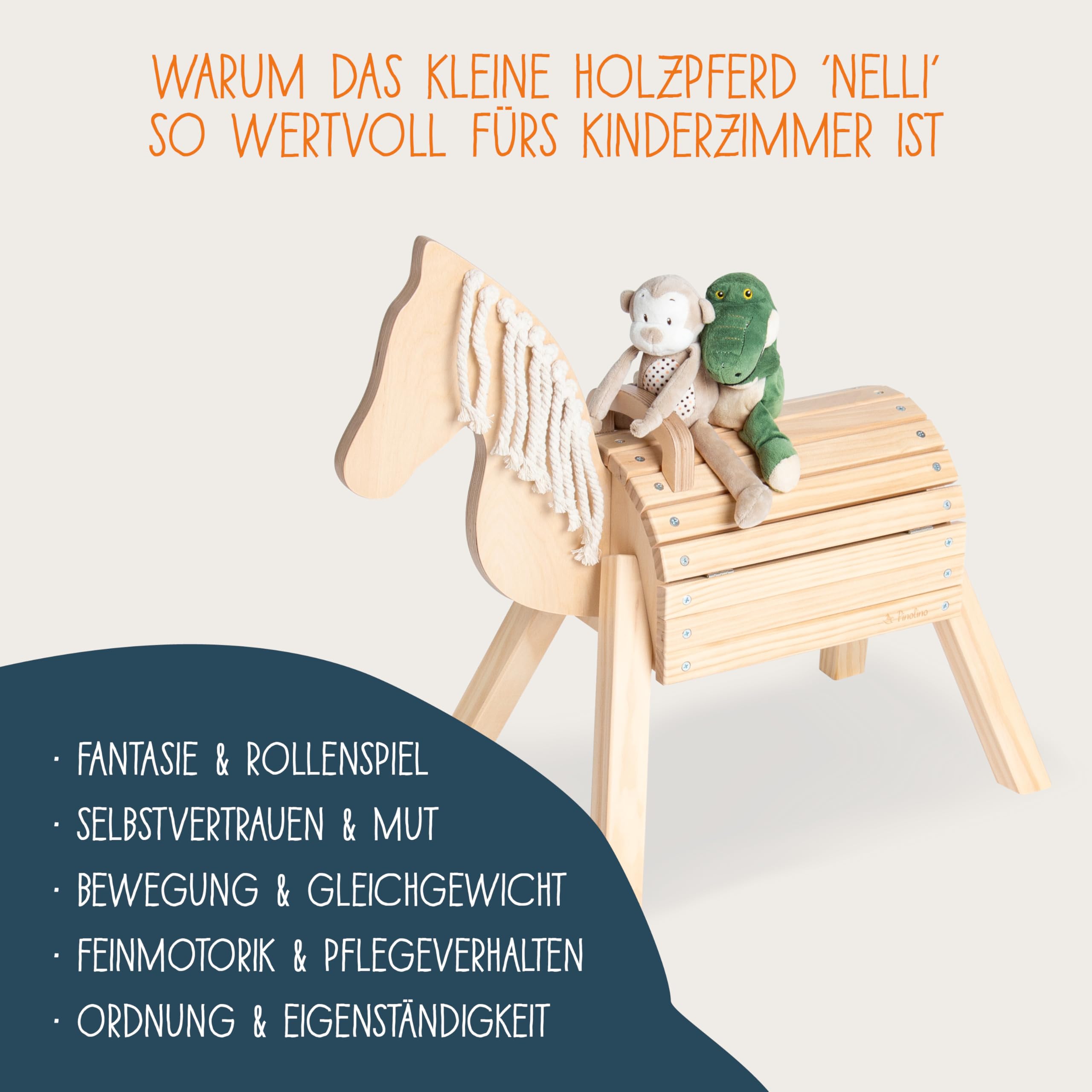PINOLINO Holzpferd Nelli, Spielpferd aus Birke & Fichte, klar lackiert, Reitpferd mit Stauraum, Holzpony mit Mähne aus Baumwolle, 70x33x55 cm, fürs Kinderzimmer, bis 40 kg, für Kinder ab 2 Jahren,