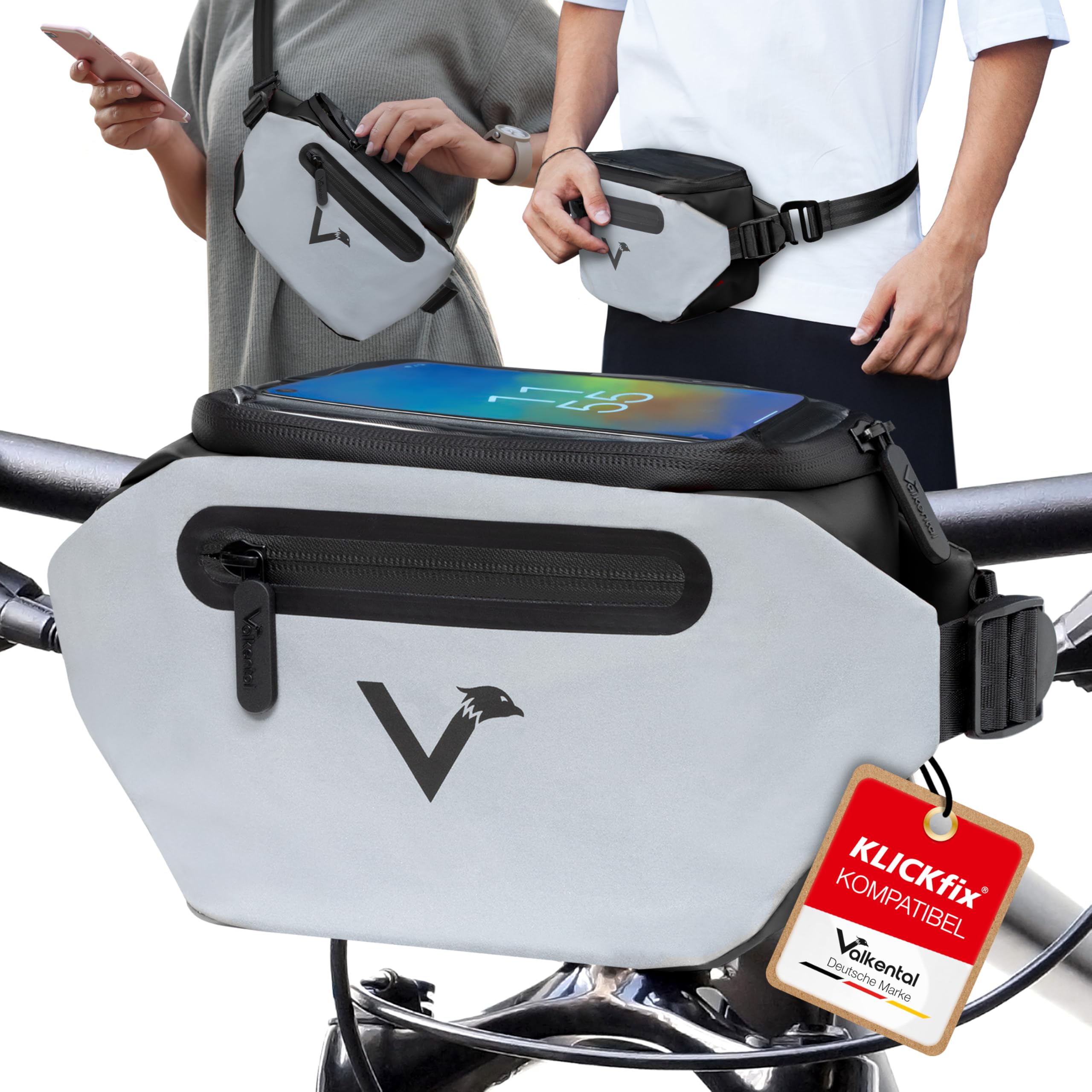 Valkental x KLICKfix 3in1 Lenkertasche 4L, Handyfach, Ebike geeignet | Vollreflektierend für hohe Sichtbarkeit, wasserfest, nutzbar als Lenker- & Bauchtasche, 4L Volumen, ebike geeignet