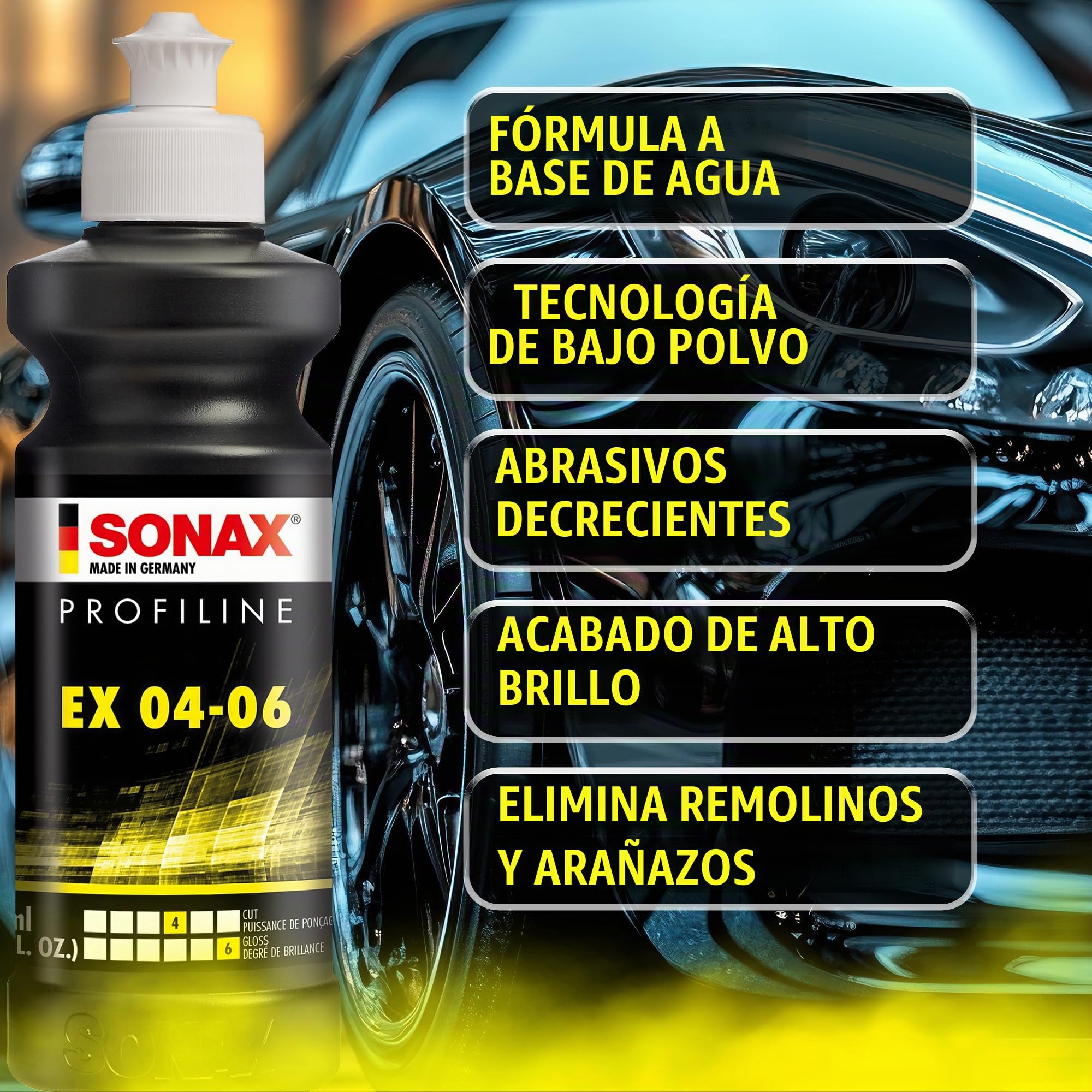SONAX PROFILINE Ex 04-06 (1 litro) - Eliminación óptima de arañazos, produce un brillo perfecto. Pulidor ideal para quitar puntas de superficies recién pintadas | No. de artículo 02423000