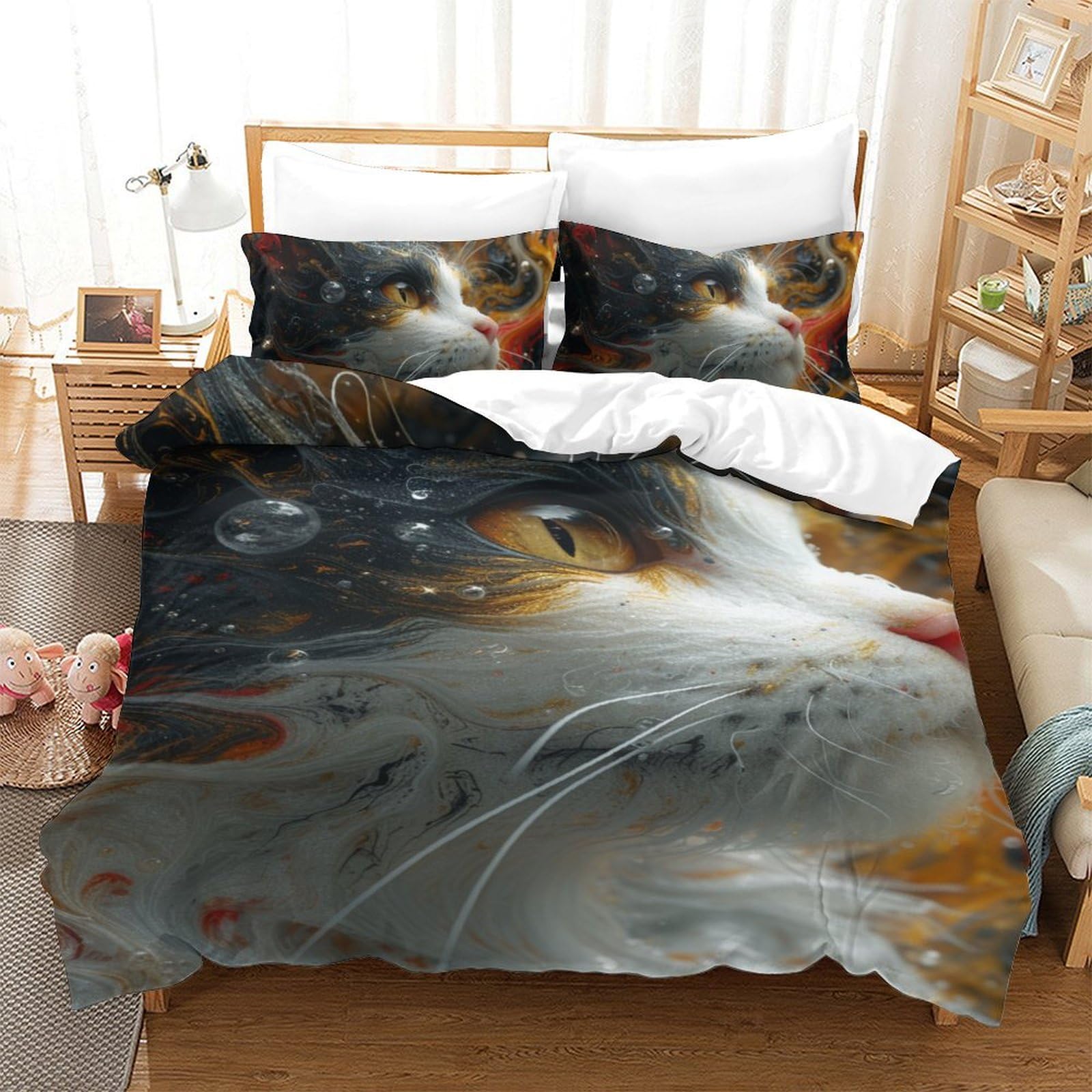 Housse de couette chat 3D 140x200cm en microfibre avec deux taies d'oreiller pour lit simple