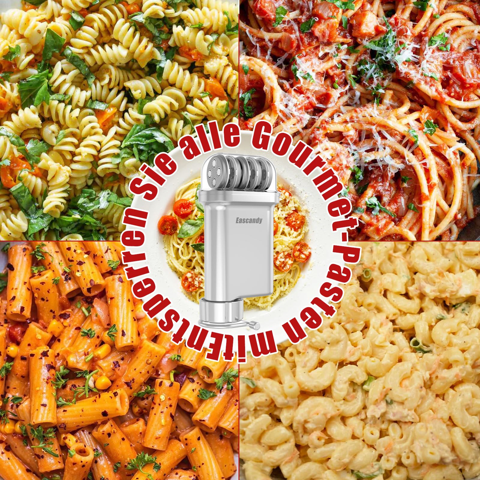 Eascandy Metall Gourmet Pasta Press Aufsatz für KitchenAid Standmixer - Langlebiger Metall Pasta Maker Aufsatz mit 5 austauschbaren Platten für frische hausgemachte Pasta