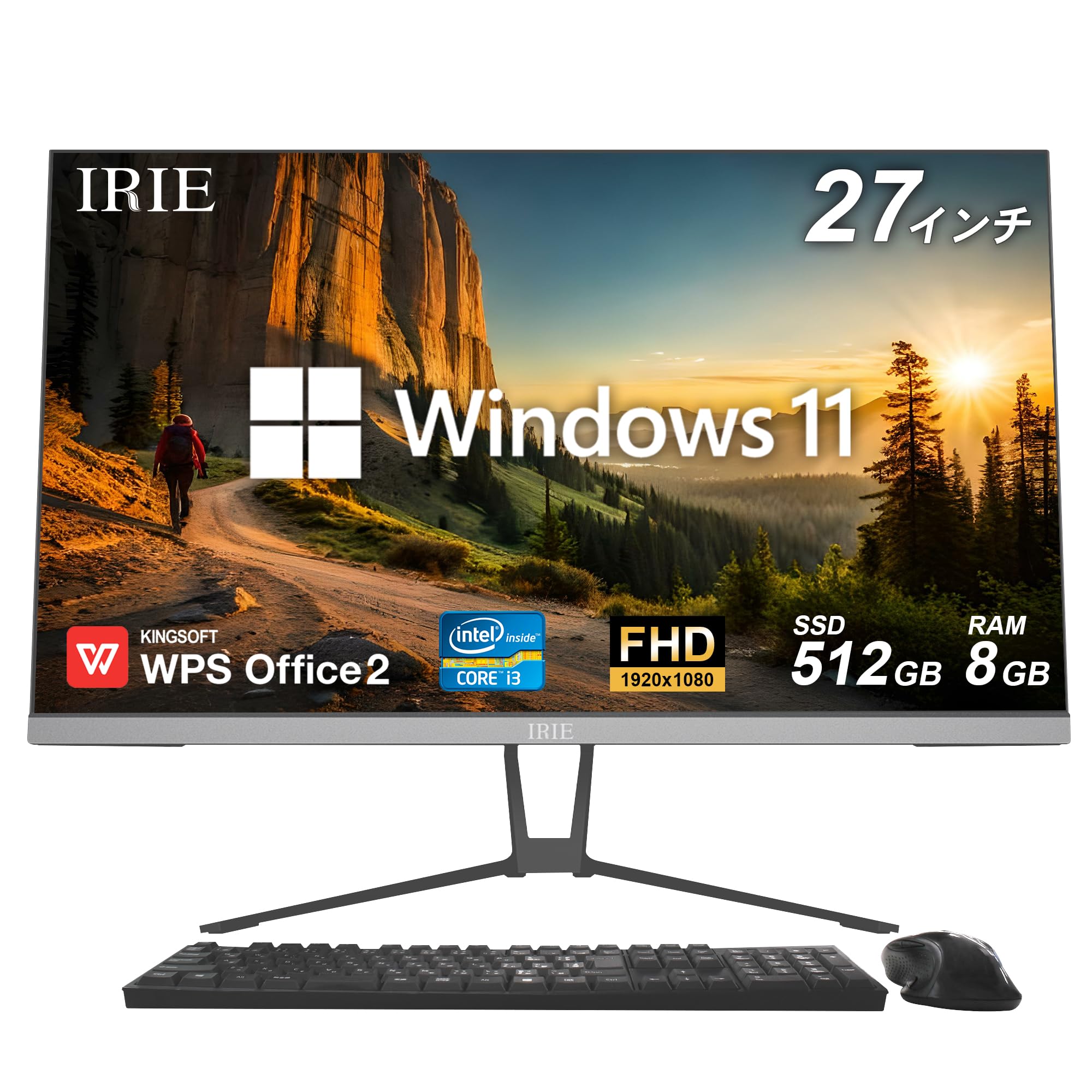 FFF 一体型デスクトップパソコン 27インチ 大画面 IPS液晶 フルHD搭載 モニター内蔵PC Core i3-10110Y Windows 11 Pro メモリ・SSD増設可 HDMI入力対応 Office付属 テレワーク・在宅勤務に最適