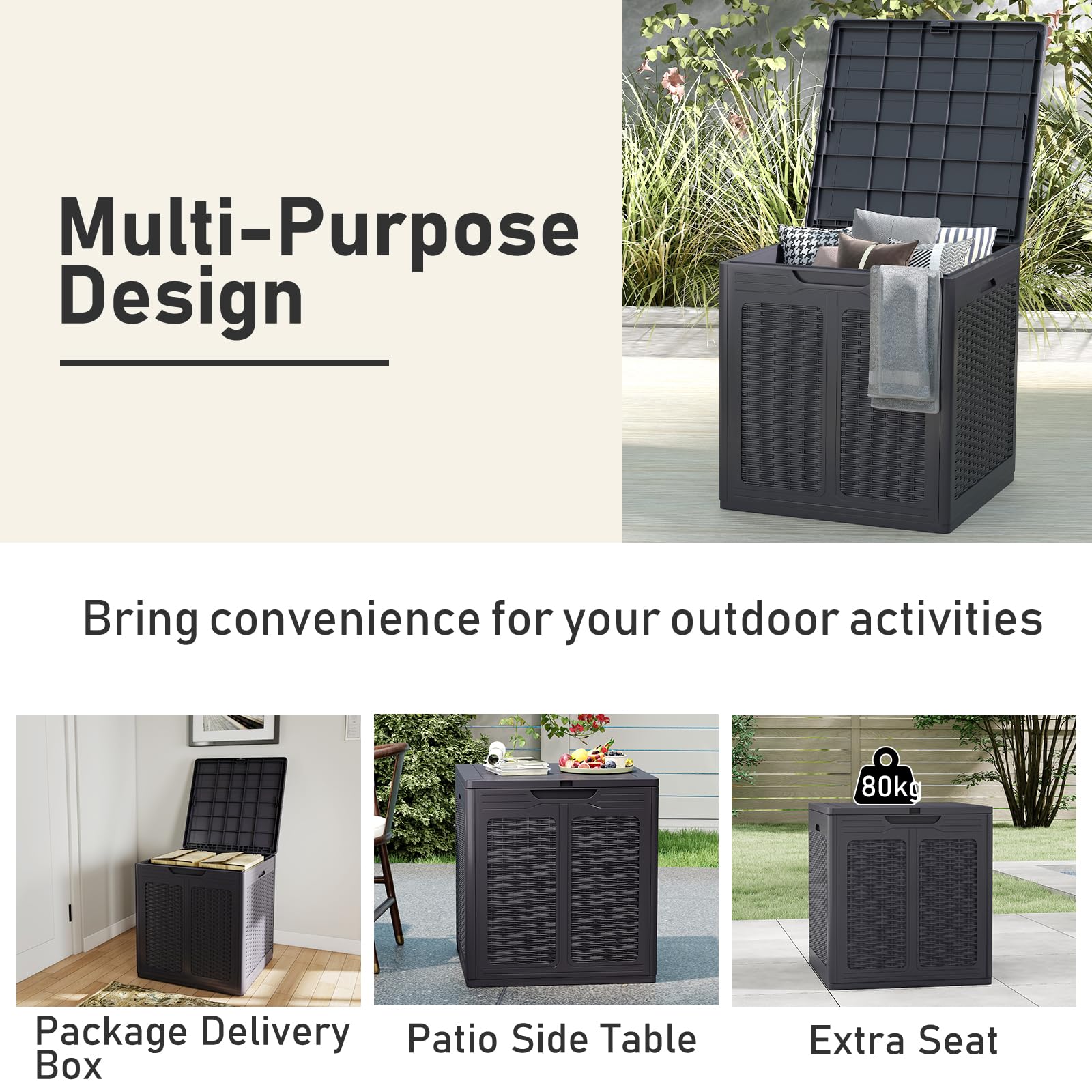 HOMASIS 145L Coffre de Jardin Rangement Imperméable, Boîte Extérieur en PP, Banc de Rangement Verrouillable pour Cour, Bord de Piscine, Terrasse, Charge 80 KG (brun)