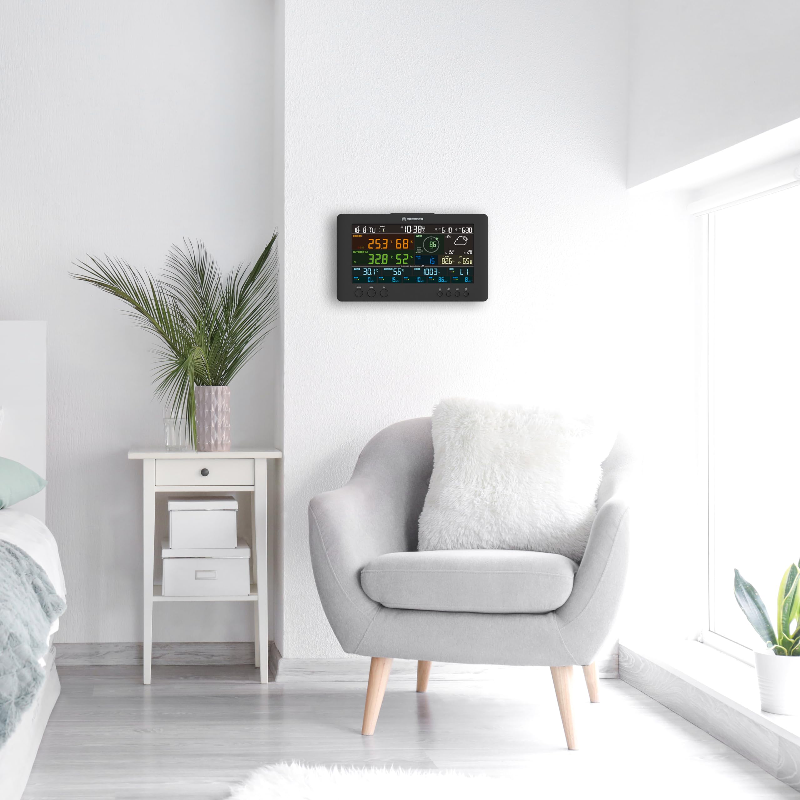 Bresser Centrum pogodowe 7 w 1: stacja pogodowa z Wi-Fi, monitor jakości powietrza, aplikacja, kolorowy wyświetlacz, prognoza 7-dniowa, termohigrosensor, barometr, poziom UV, poziom komfortu | Temperatura wewnętrzna i zewnętrzna, wilgotność, deszczomierz,