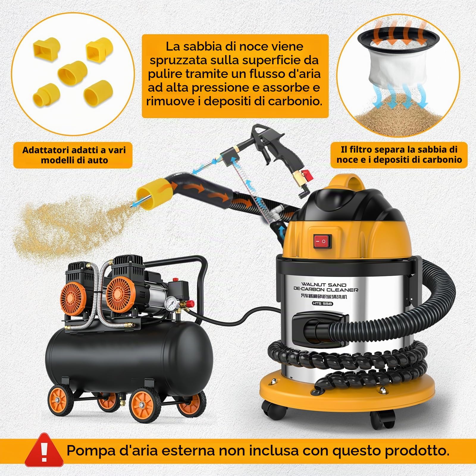 PLAYOCCAR HTS558 Sabbiatrice di Noce Professionale per Auto, Detergente per Rimozione Carbonio Valvole di Aspirazione Motore, Set Completo con 23 Adattatori Universali