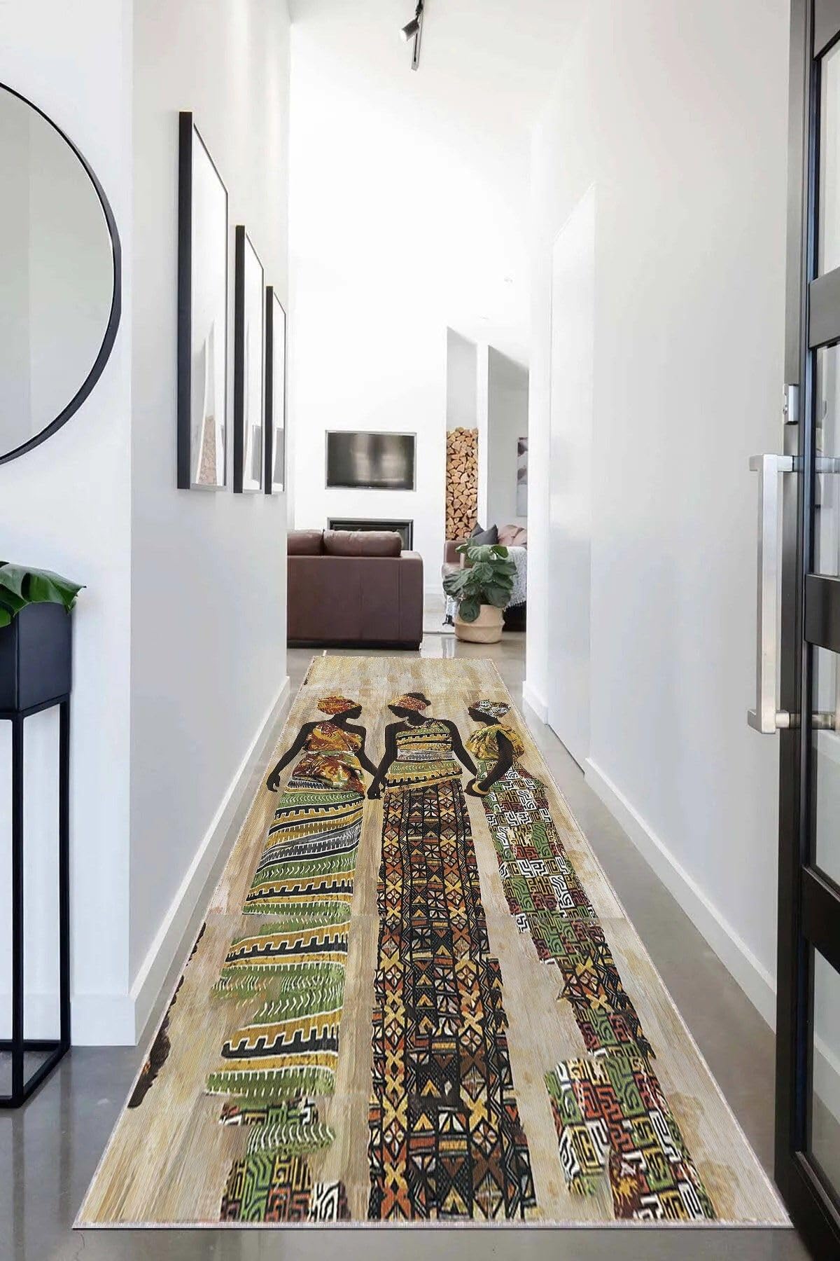Pelangi Afrika Desenli Afrikalı Kadın Halı Dijital Baskı Yıkanabilir Modern Salon Halı ve Yolluk, Bej-Kahverengi 80 x 600, 9554542806007