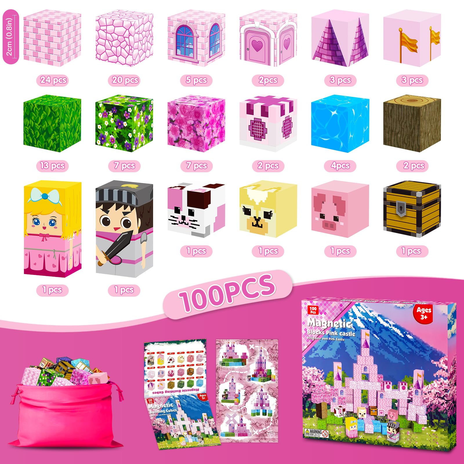 Bloques Magneticos Construcción Niños 100 Piezas Bloques Magneticos Castillo Rosa Juego Magnetic Blocks Juguetes Sensorial Stem Montessori Regalos para 3+ Años
