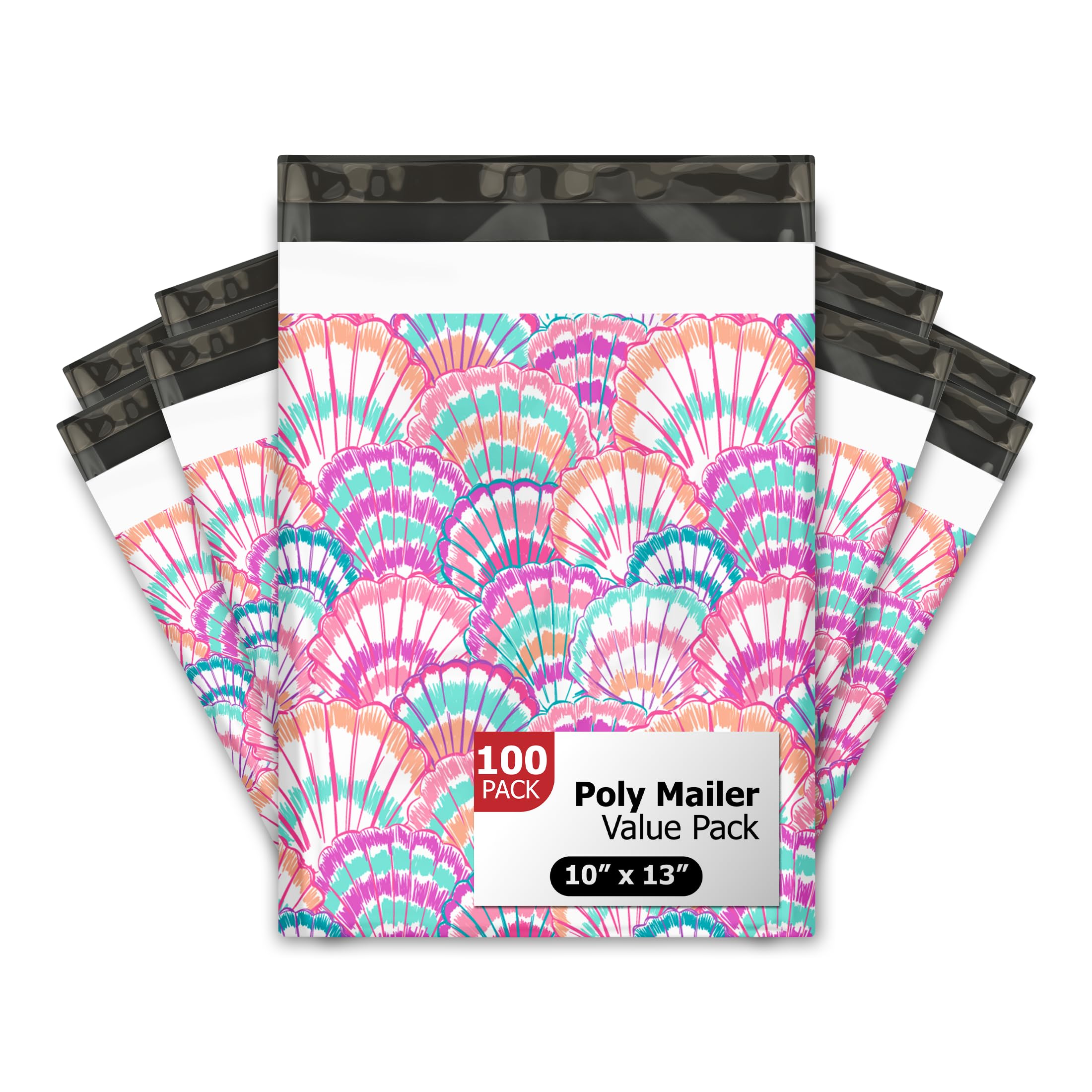10x13 (100) Summer Seashell Summer Designer Poly Mailers Waterproof Self Sealing Tear Resistant Polymailers Shipping Envelopes Premium Printed Bags