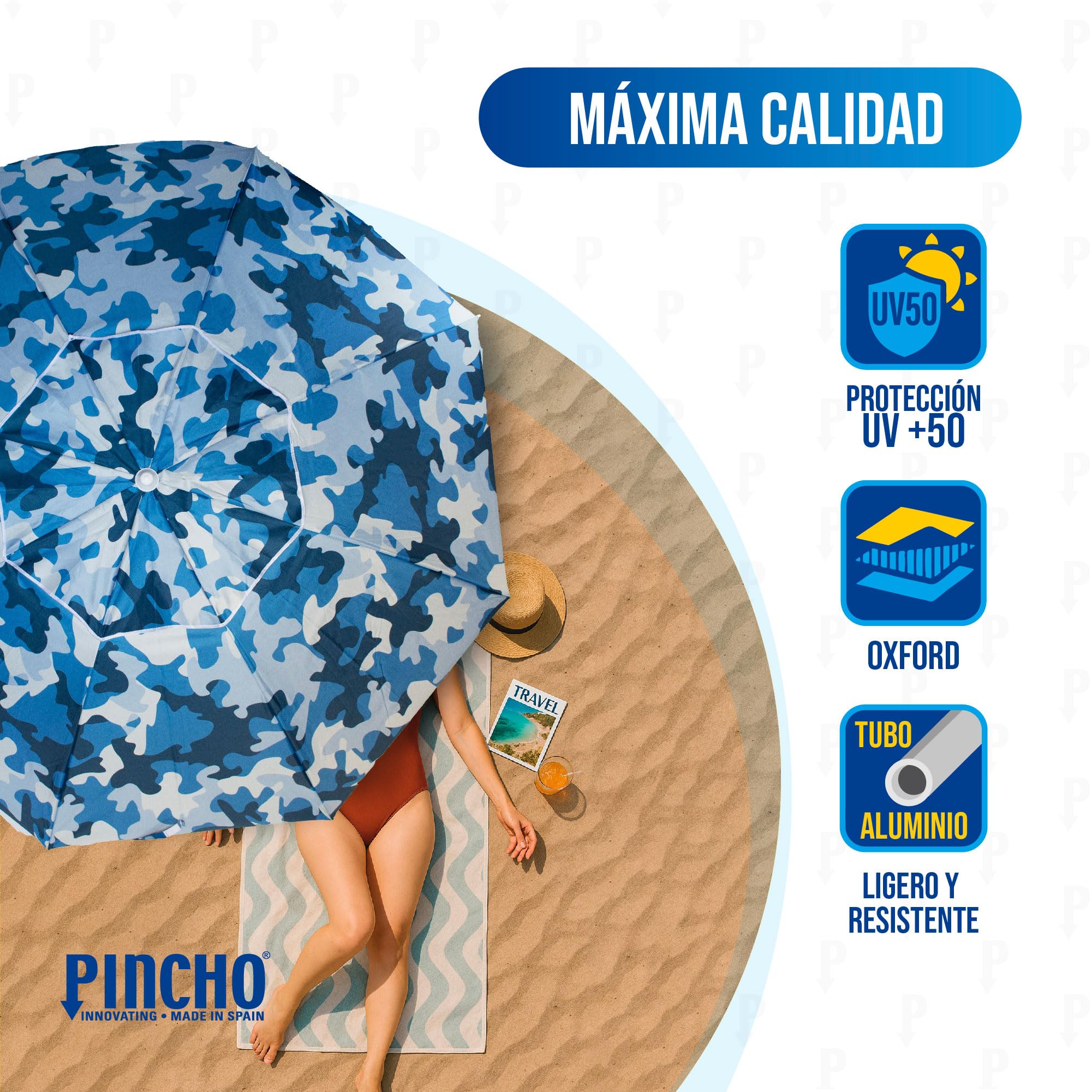 Pincho Parasol plażowy 200 cm z ochroną UV50+, regulowana wysokość, wiertło w zestawie 8 prętów wiatroszczelnych z włókna szklanego, rura aluminiowa, torba transportowa