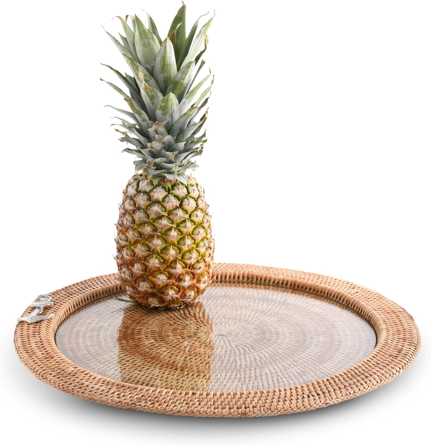 Vagabond House Round Basket Tray - Hand Woven Wicker Rattan Tray Round Trays with Glass Insert, Pewter Anchor, Lightweight, Natural, Food Safe Rattan Tray Round for Beach Home 19 Inches