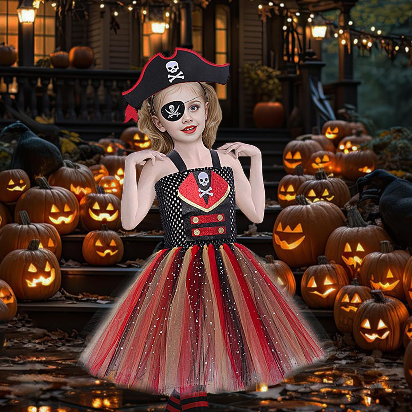 Costume da pirata per ragazze vestito da spettacolo teatrale di Halloween | Costume bucaniero di ruolo con fascia per ragazze 2-12 anni feste a tema spettacoli sul palco spettacoli scolastici riunioni