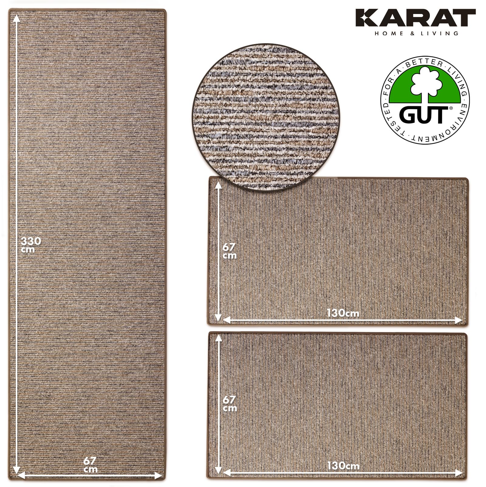 KARAT Bettvorleger - 3-teiliges Set - Moderne Bettumrandung in Hellbraun - Teppich Läufer für Schlafzimmer Wohnzimmer - Flauschiger Teppichläufer Geneva (B: 67 cm | L: 1 x 330 cm + 2 x 130 cm)