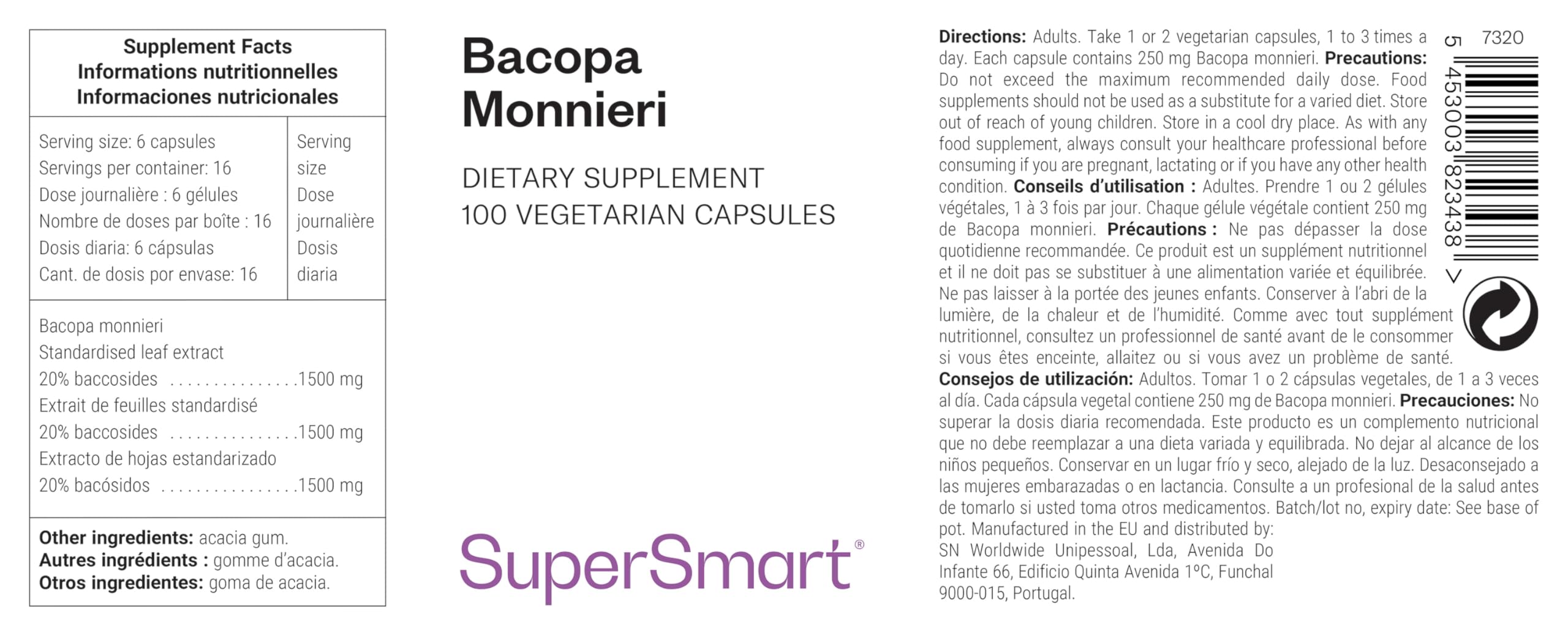 Bacopa Monnieri - Extrait de Feuilles de Baccosides Concentré (50%) - Contribue à Améliorer la Mémoire, les Capacités d’Apprentissage et le Traitement de l’Information - Supersmart