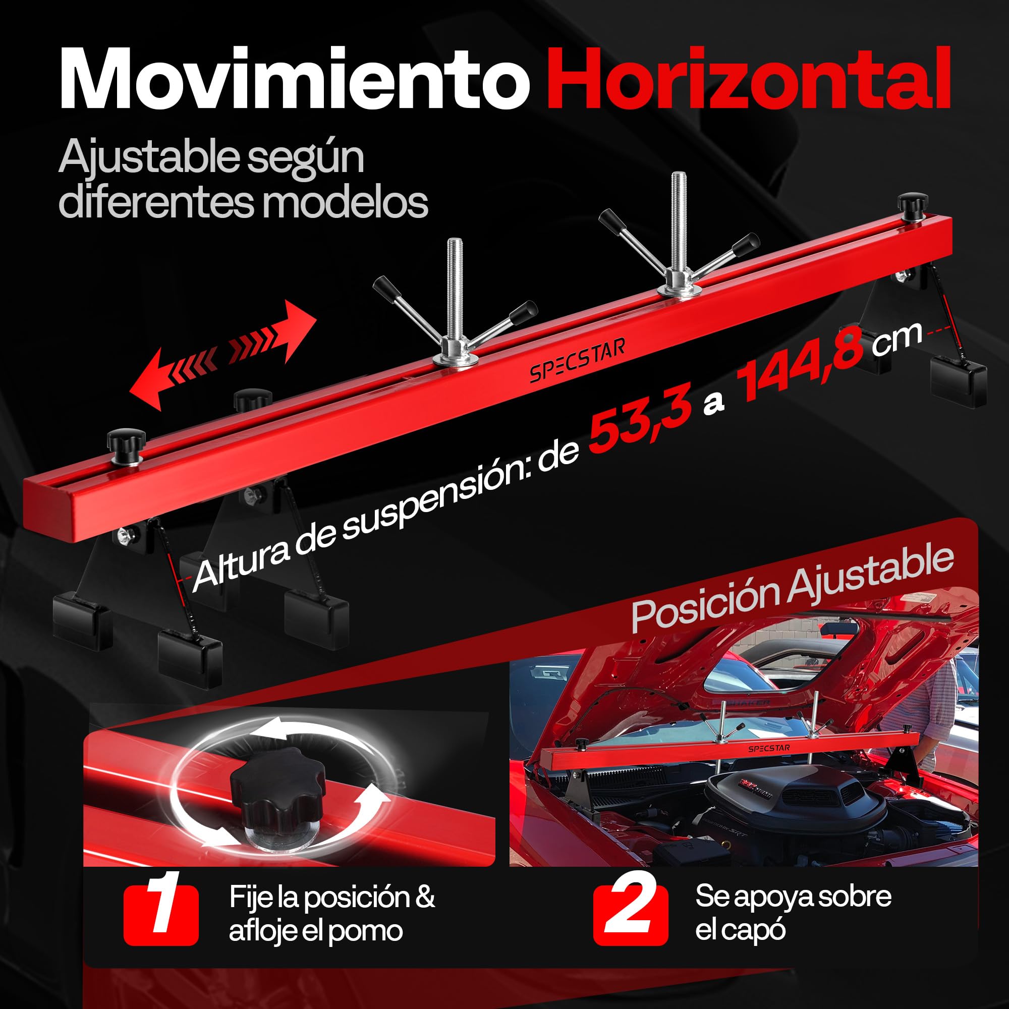 SPECSTAR Barra de Soporte de Motor 500 kg Travesaño para Motor y Transmisión | Ajustable 53,3–144,8 cm, Elevación de Doble Punto con Ganchos Dobles, Rotación 360° con Soporte de 2 Puntos y Ganchos Dobles