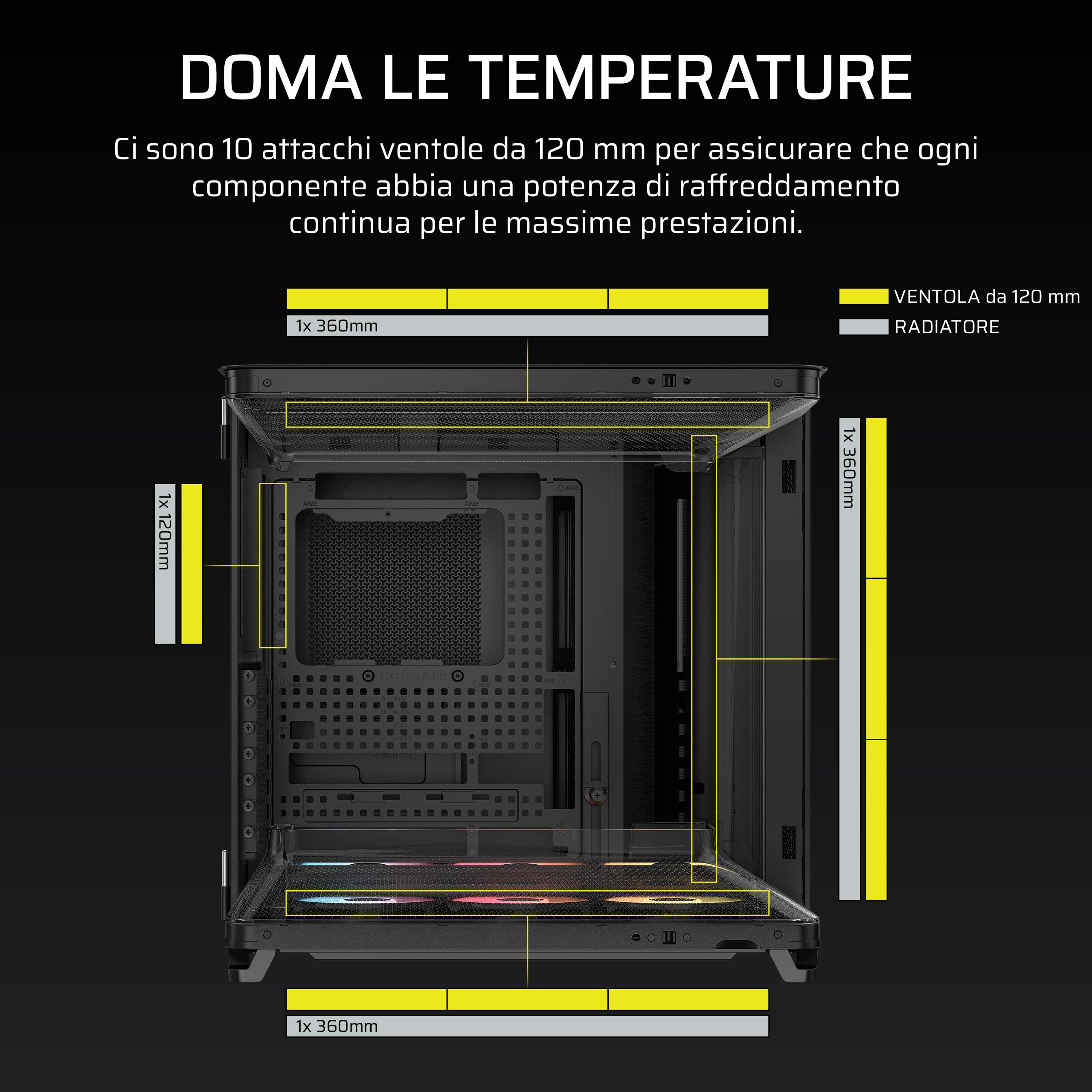CORSAIR AIR 5400 RS-R ARGB Case PC Panoramico Mid-Tower – Nero | A Tripla Camera, 3 Ventole RS120-R ARGB Rotazione Inversa, Condotti Silenziosi ad Alto Flusso, Supporto Scheda Madre Inverso