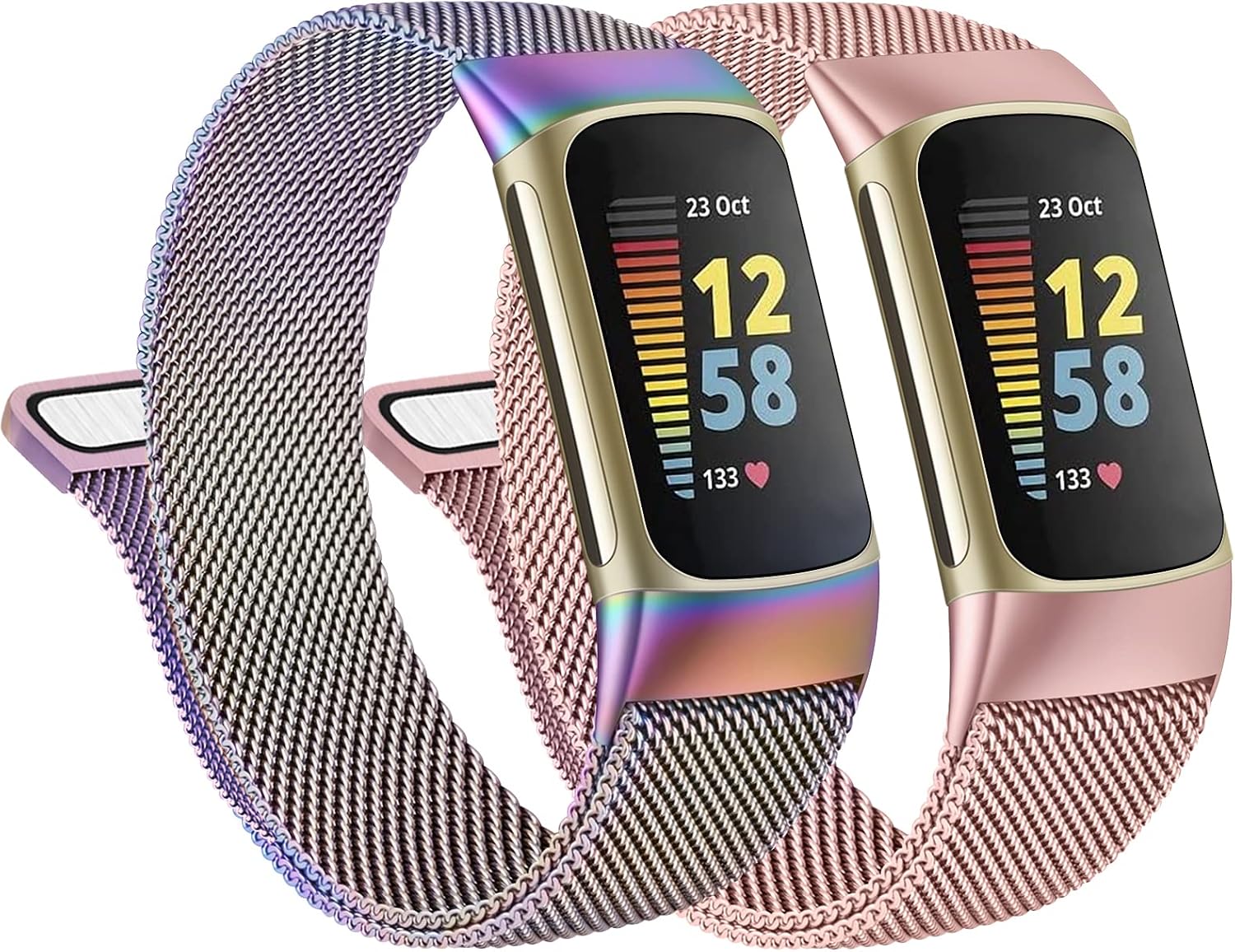 Tobfit Metal Band Compatible with Fitbit Charge 5 Bands for Women Men, Magnetic Clasp Stainless Steel Mesh Loop Strap (Colorful & Rose Gold)