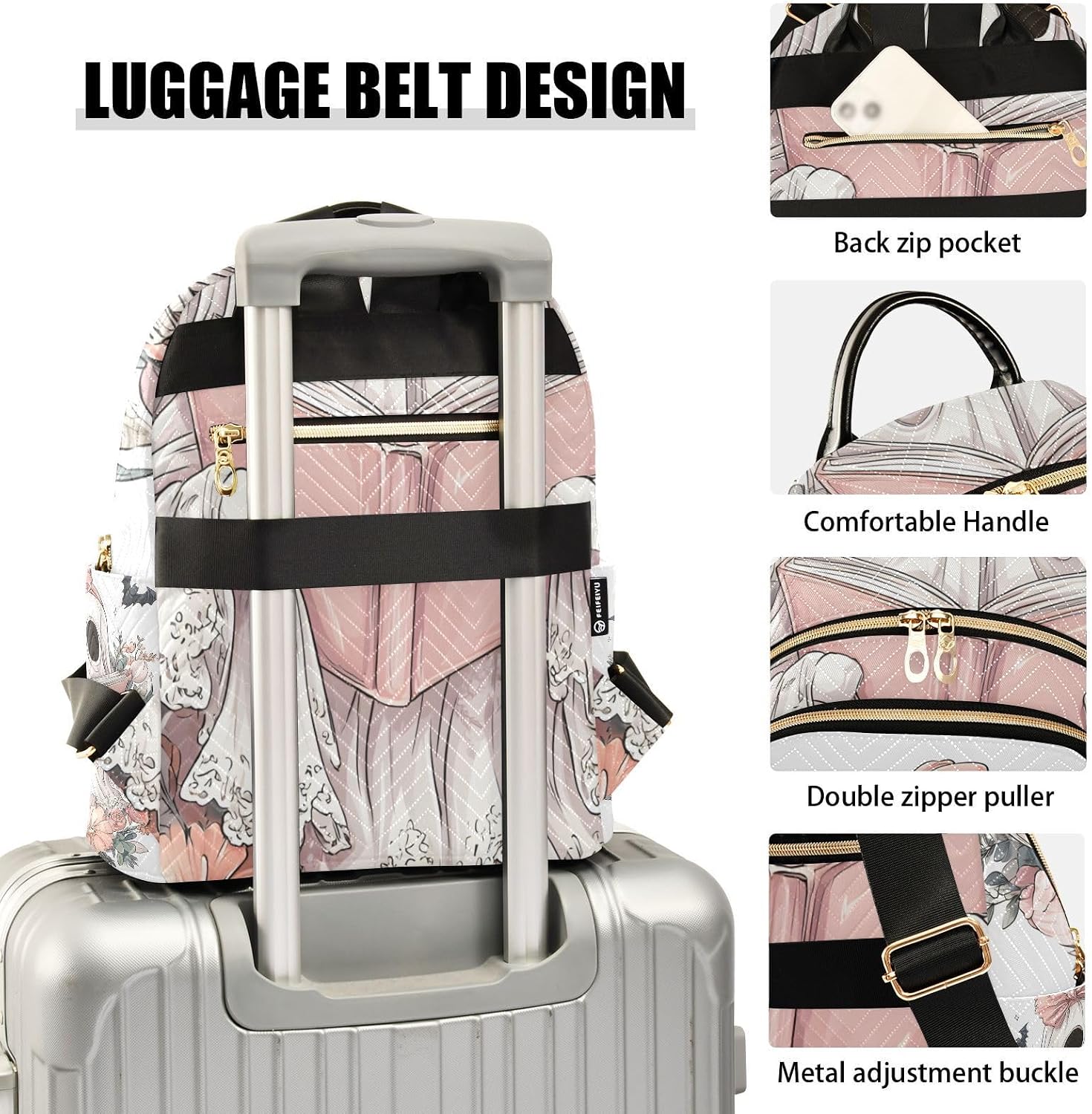 ALAZA Women Mini Backpack Purse Bag Lightweight Casual Daily Travel Backpack Cute Ghost Pink Bow Floral Back Pack Fashion Multipurpose Shoulder Bag,S image 4