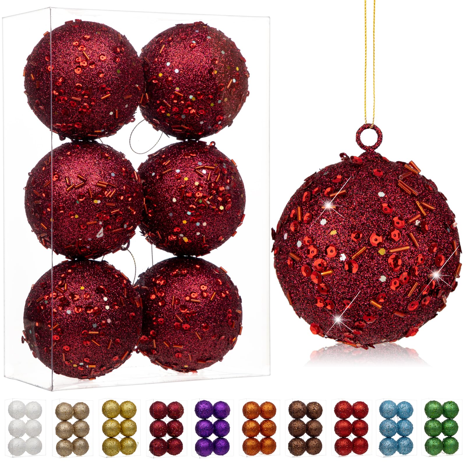 Oairse 8cm Large Christmas Bauble Ornaments 6 Pcs Shatterproof Big Burgundy Bauble for Xmas Tree Glitter Christmas Tree Ornaments for Halloween Holiday Wedding Party Decoration โ image 1