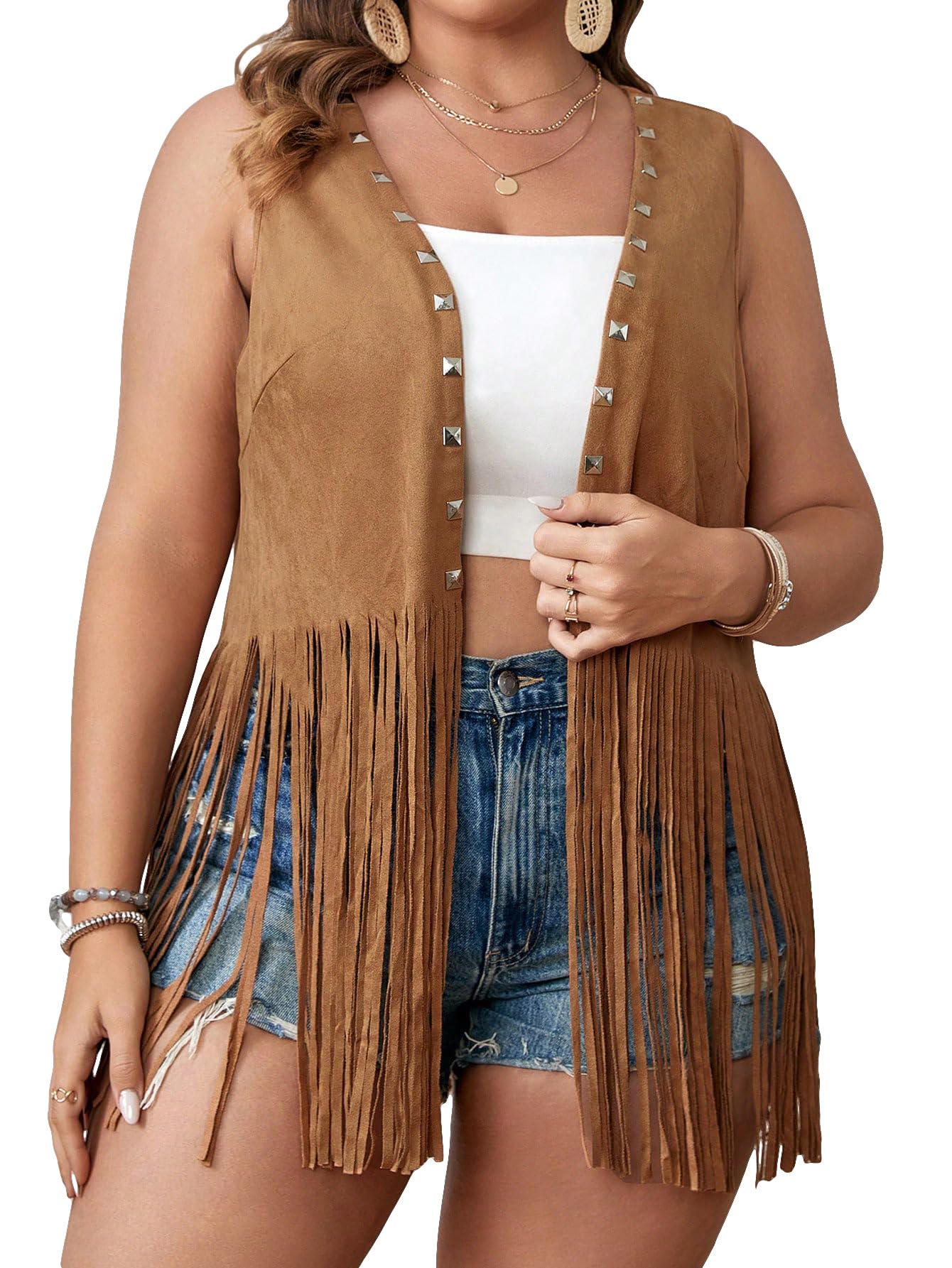 OYOANGLE Women's Plus Size Studded Fringe Trim Open Front Sleeveless Faux Suede Vest Jacket
