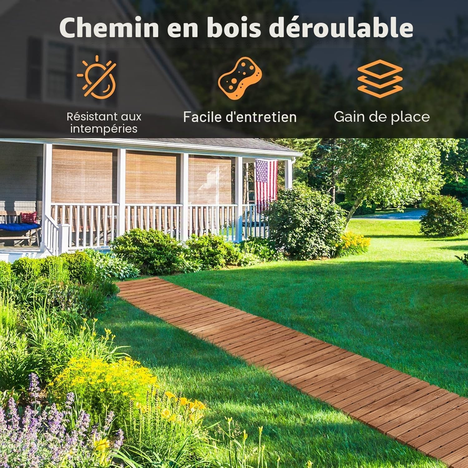 FANTASK Chemin de Jardin déroulable en Bois - 245 cm - Largeur : 55 cm - Chemin Roulant avec Fil d'acier - Marron Clair