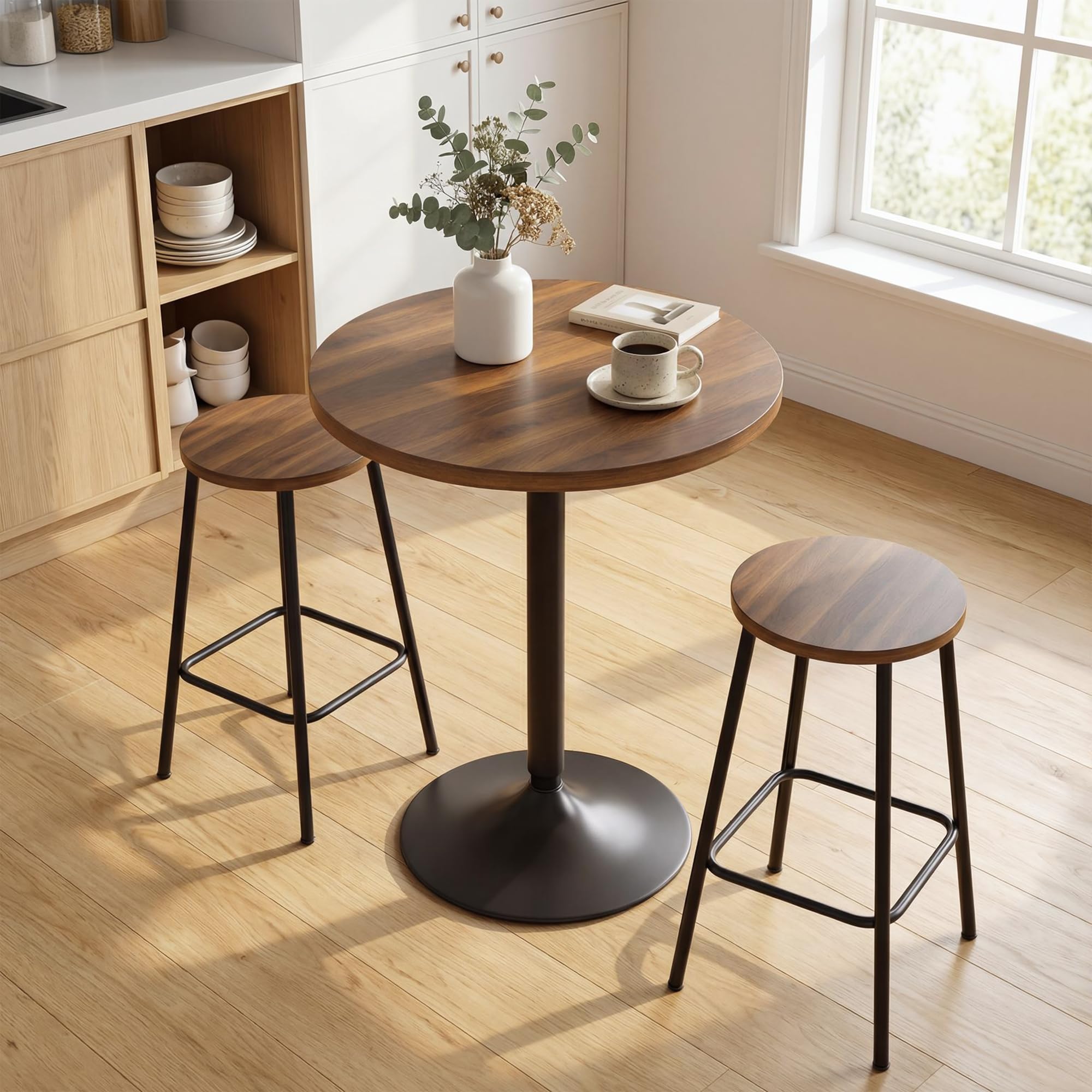 HOMCOM Table de Bar Ronde 60 cm, Table Haute Cuisine Mange-Debout avec Patins antidérapants, Cadre en métal, pour Cuisine, Salon, Noyer