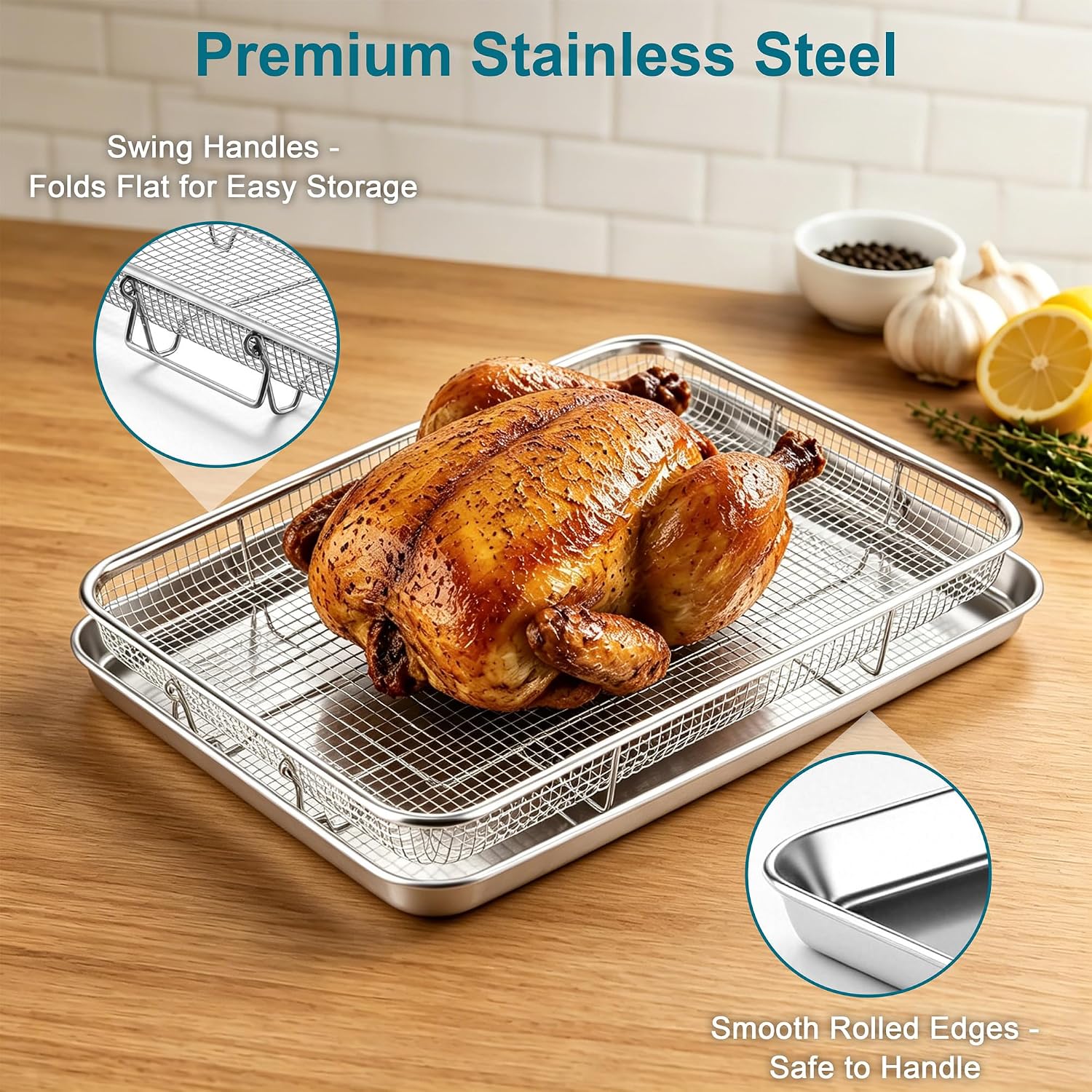  Air Fryer Basket for Oven, Large Air Fryer Basket & Tray, 18’’ x 13’’ | Stainless Steel Crisper Tray & Baking Pan, for Oven Cooking Broiling Grilling, Heavy Duty & Dishwasher Safe thumbnail