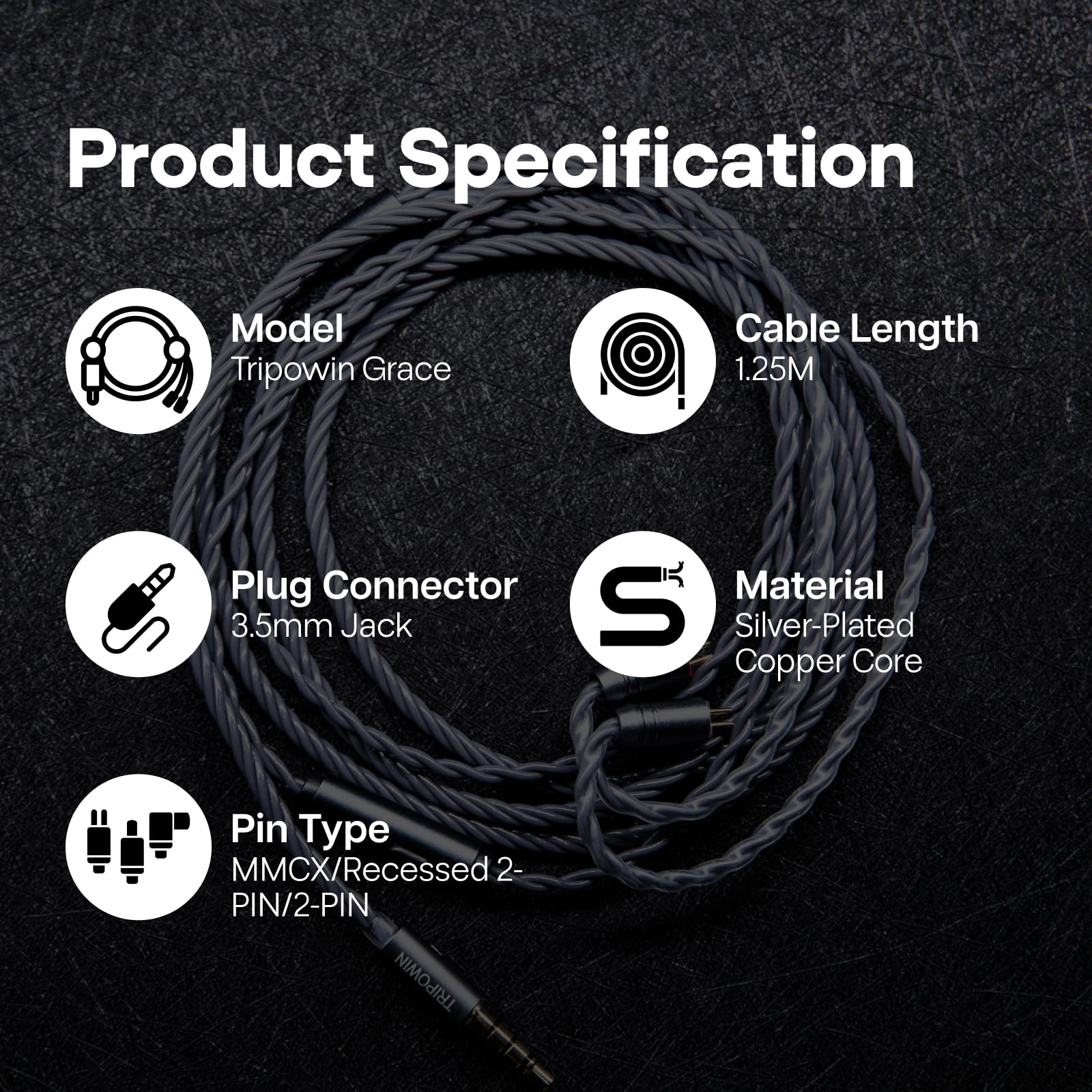 Tripowin Grace - Cable de auriculares desmontable OFC chapado en plata con micrófono, cable de actualización HiFi de 0.78 mm de 2 pines para audiófilos, diseño sin enredos y controles