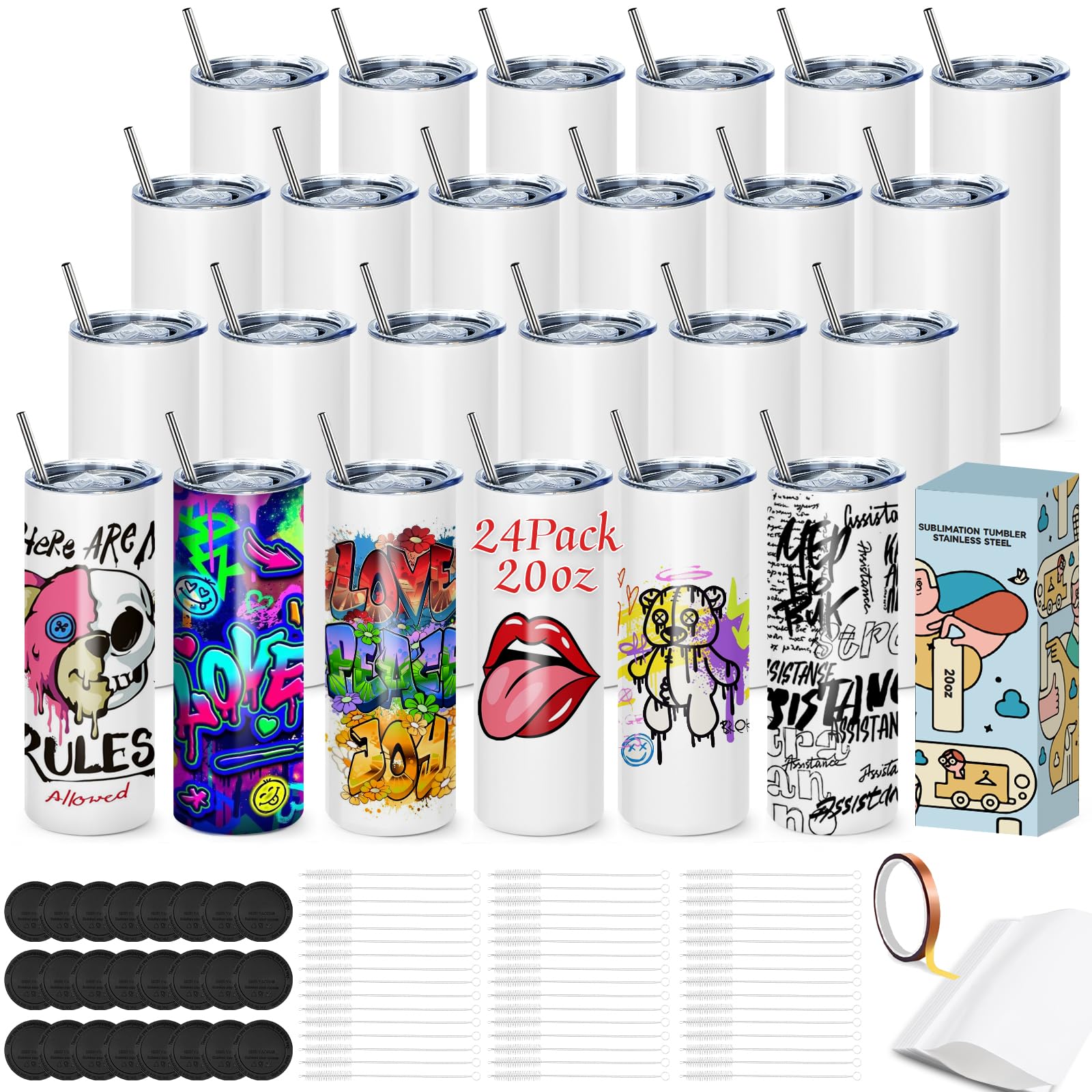 20OZ Sublimation Cup, Set of 24 Sublimation Blanks Skinny Tumbler 20 OZ White Straight Bulk Stainless Steel Tumbler, with Lid and Straw, Shrink Wrap, Individually Boxed, Blank White（24PCS）