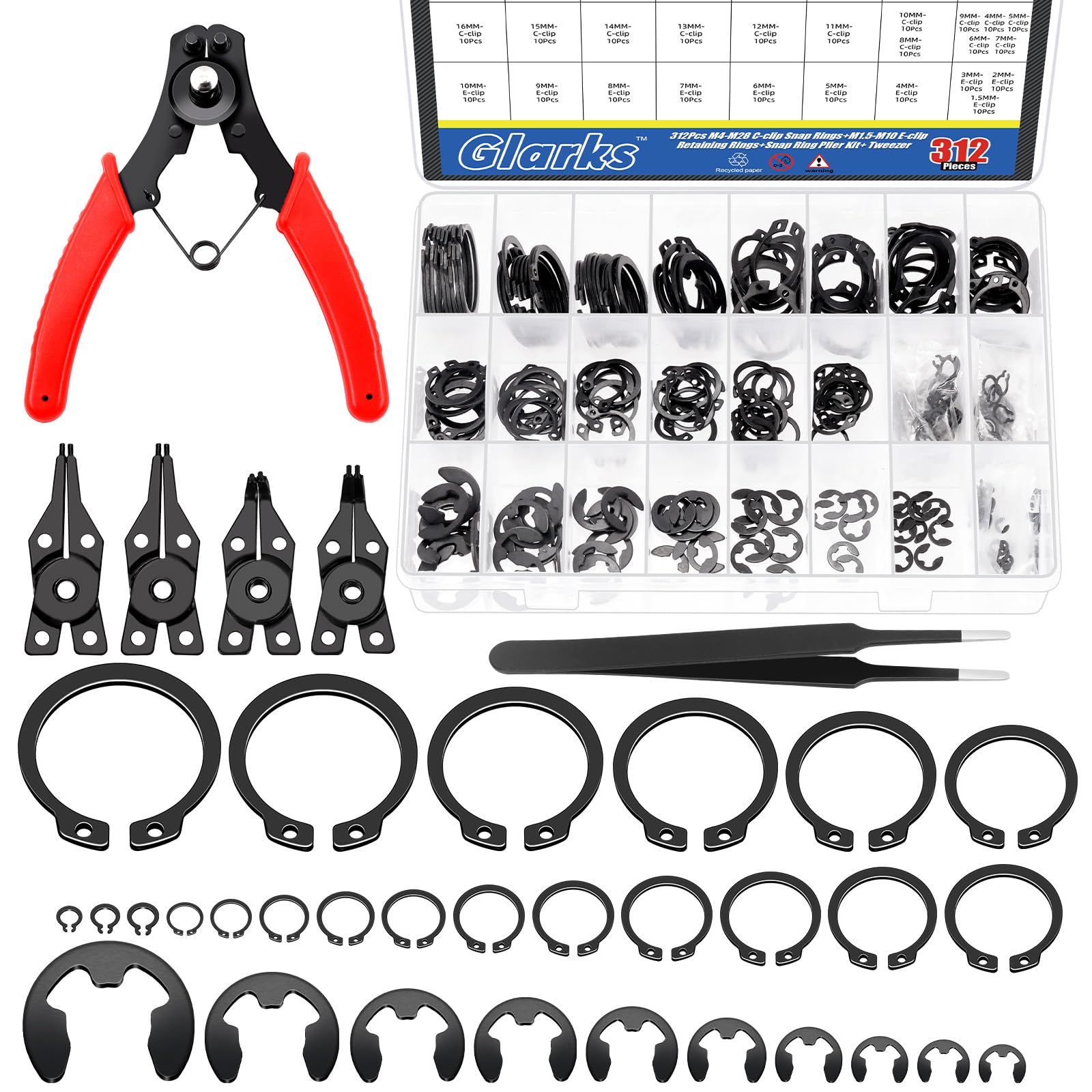 Glarks Assortimento di 312 clip di fissaggio a scatto in acciaio da 65mm, set di pinze per anello a scatto, anelli di fissaggio esterni