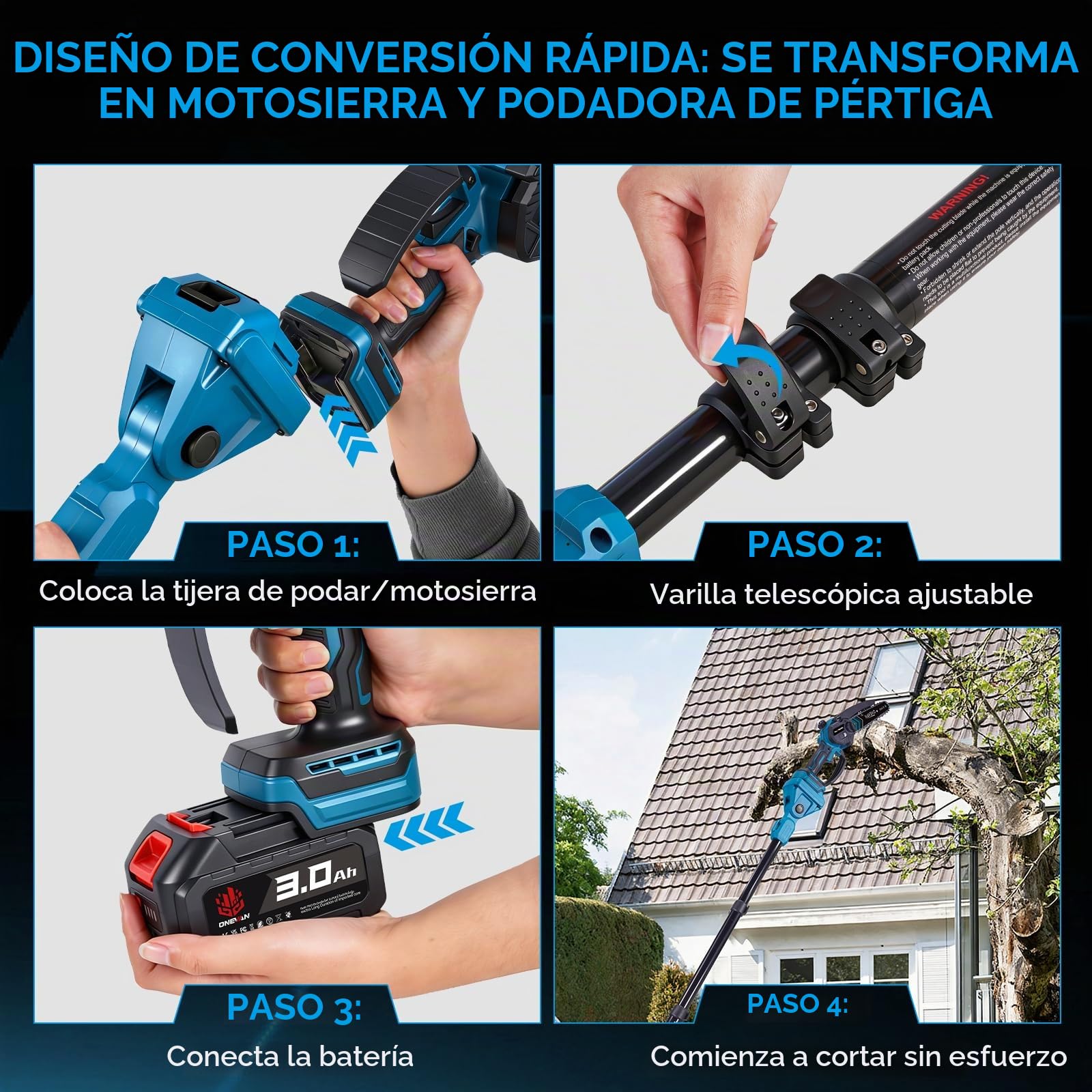 ONEVAN Podadora de Altura y Tijeras de Podar, 4 en 1, con Pértiga 2m | Mini motosierra 6" + tijeras podar 35mm, ajustable 180°, SK5, pantalla LED, sin escobillas, ideal para árboles altos