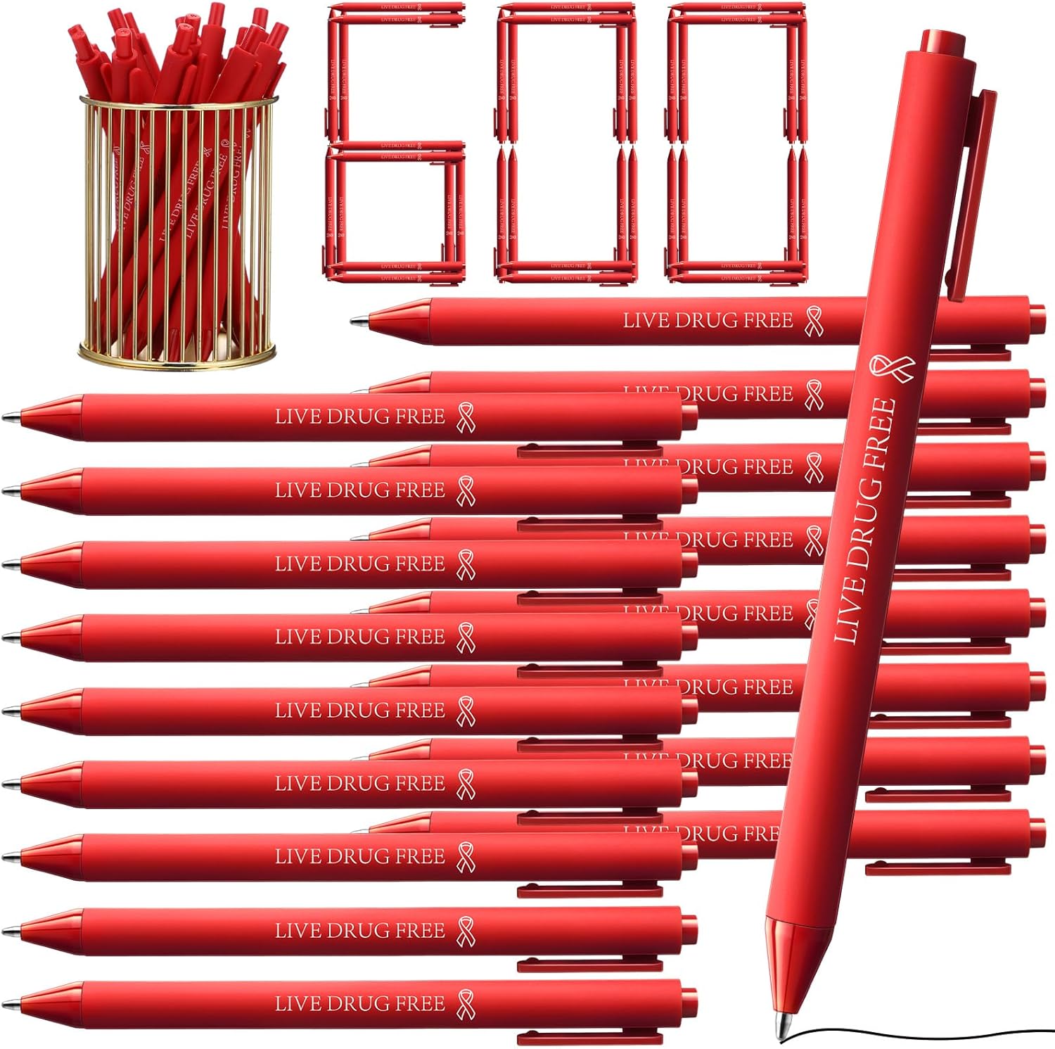 Cholemy 600 Pcs Heart Disease Awareness Ballpoint Pens Red Ribbon Live Drug Free Awareness Pens Bulk Black Ink Retractable for Volunteer Fundraising Charity Event Party Favors Activity Supplies