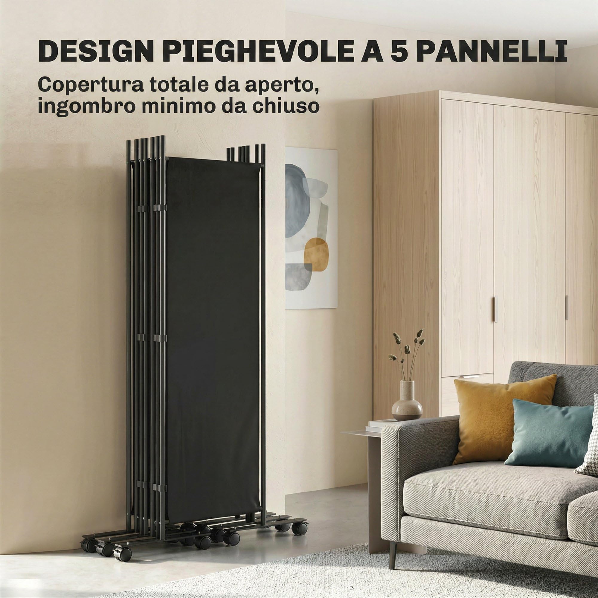 Outsunny Paravento da Interno a 5 Pannelli Pieghevole, 252x40x170 cm Separe Divisorio Interno in Acciaio con 12 Ruote, Divisorio per Ambienti Autoportante per Casa, Soggiorno e Ufficio, Nero