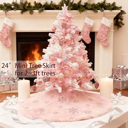 Miniatura 54 de Falda de árbol de Navidad de 48 pulgadas, falda de árbol de piel sintética de lujo con copos de nieve dorados y lentejuelas, alfombrillas grandes