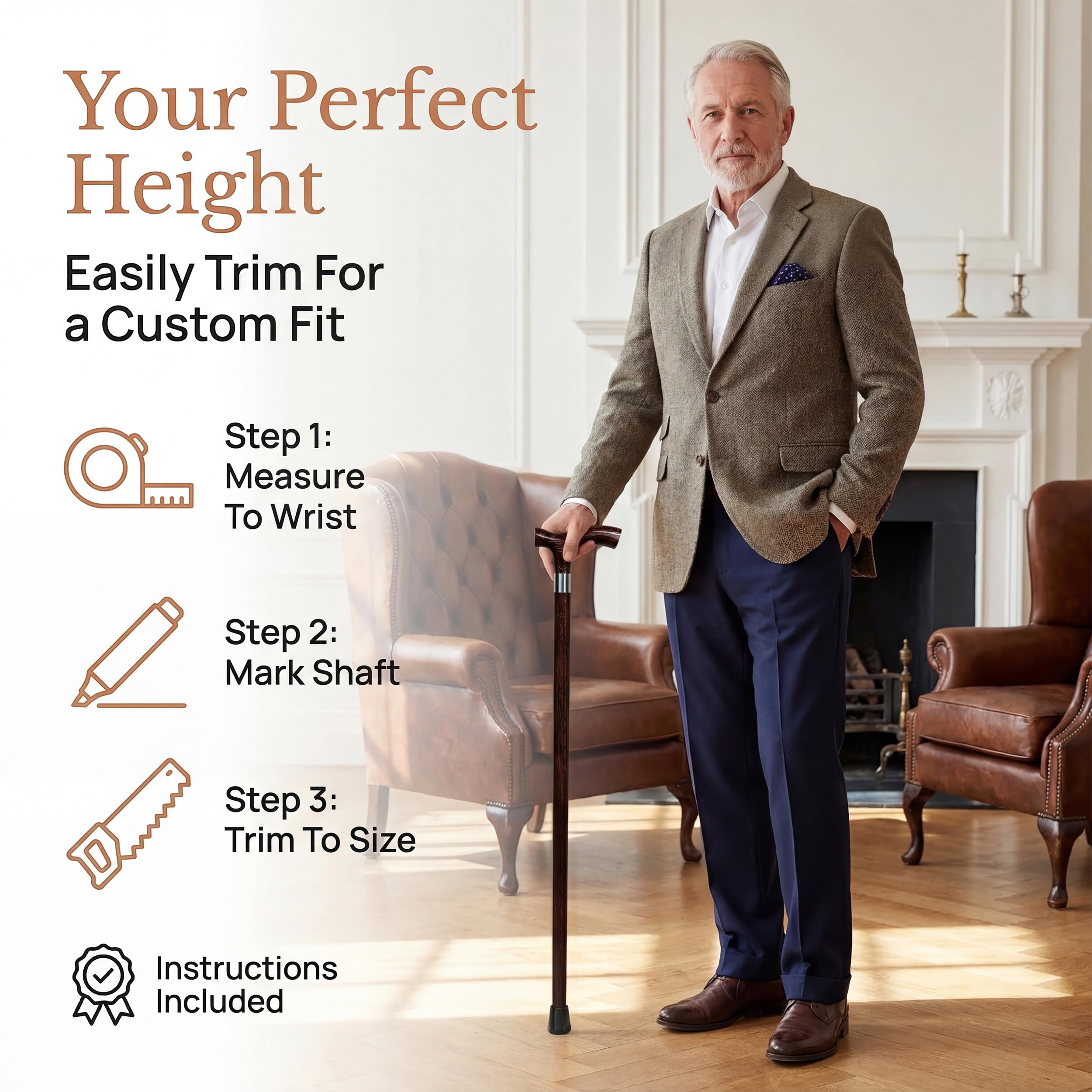 Dr. Watson Classic Fritz Walking Stick – Handcrafted Ash Wood Cane with Polished Stainless Steel Collar