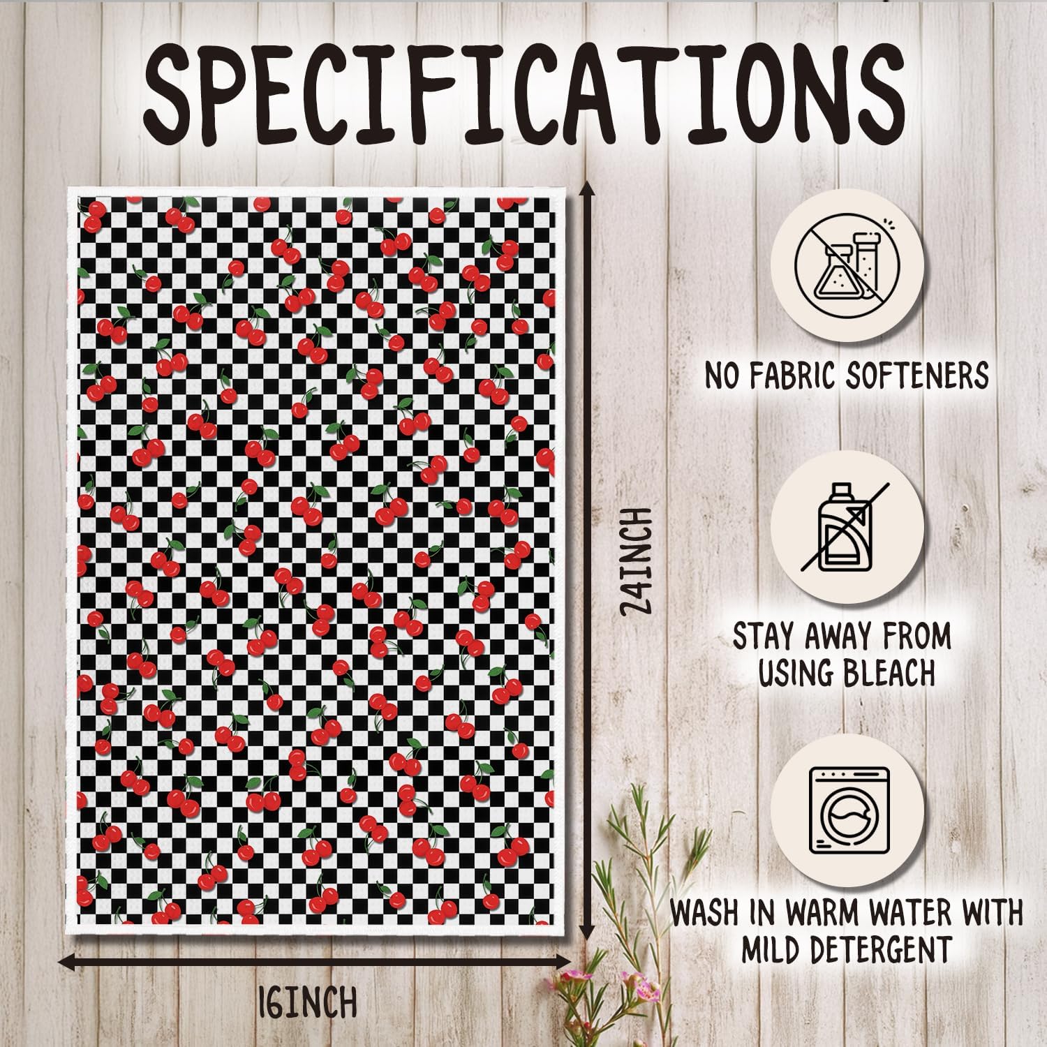 Black and White Checkered Cherry Kitchen Towels, Cherry Gifts Dish Tea Towels, Retro Trendy Checkerboard Cherries Fruit Decorative Hand Towel for Kitchen Bathroom, 16x24 Inch - Image 6