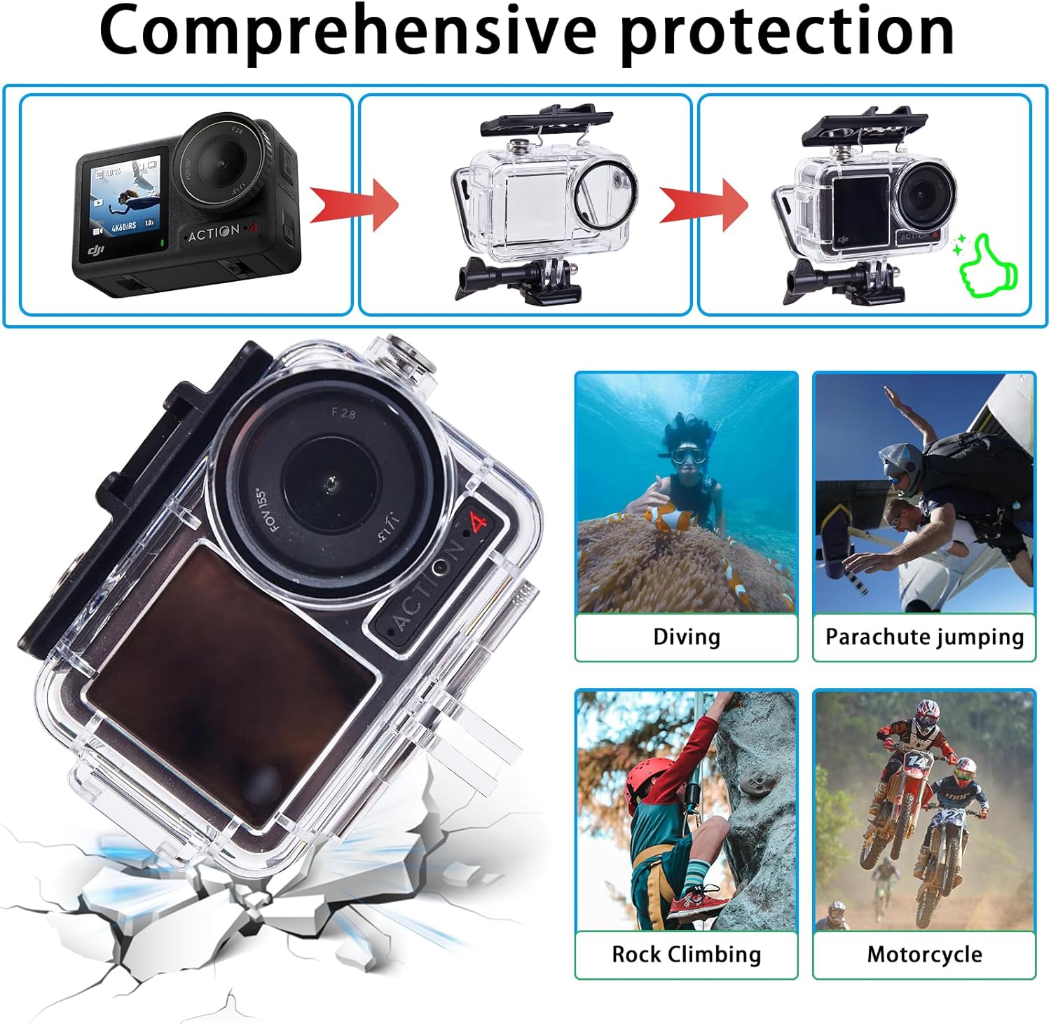 DJI OSMO Action 5 4 3用防水ハウジングケース、水中ダイビング保護シェル 60M ブラケットアクセサリー付き