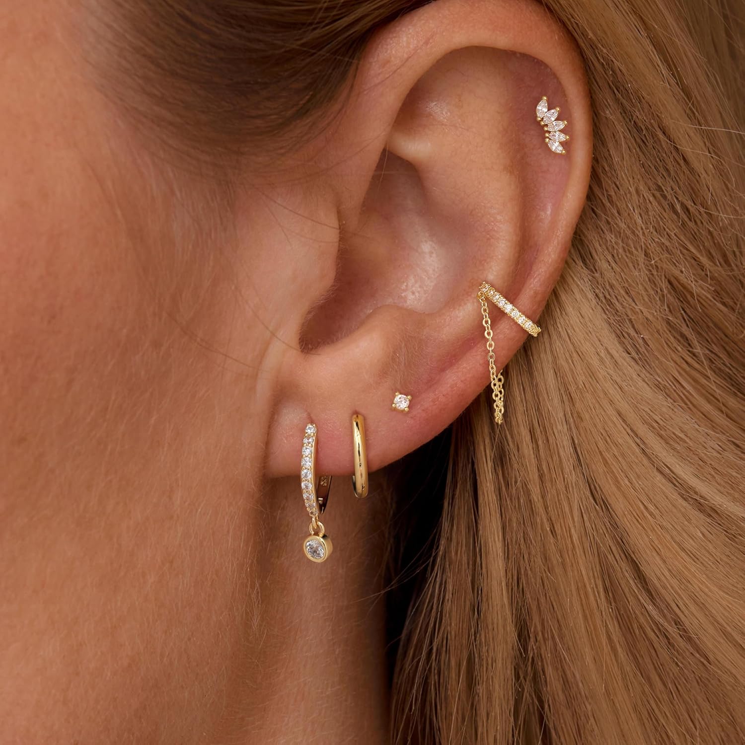 5 Pairs Gold Earrings for Women Teen, Dainty Earring Stacks 14K Gold Plated Cartilage Earrings for Women Trendy Hypoallergenic CZ Ear Cuff Stud Hoop Earring Sets for Multiple Piercing Jewelry - Image 3