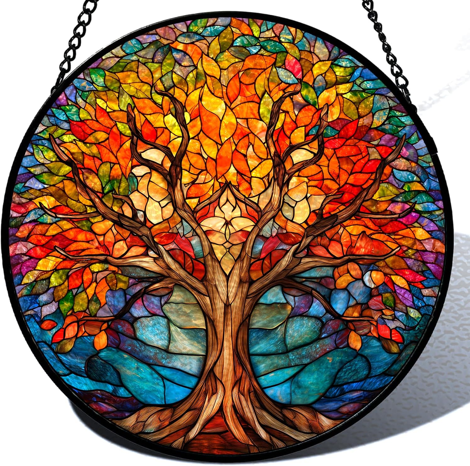 Stained Glass Sun Catcher Window Hanging - Colorful Tree Design, Indoor Decor Gifts for Mother's Day, Birthday, Christmas - Perfect for Women, Men, Mom Home Decor (Colorful Tree) 7.8in